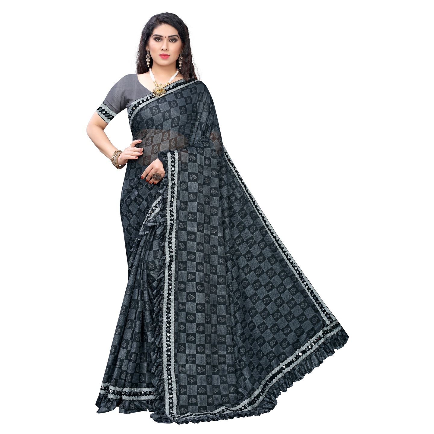 PERK GREY PRINTED LYCRA SAREE