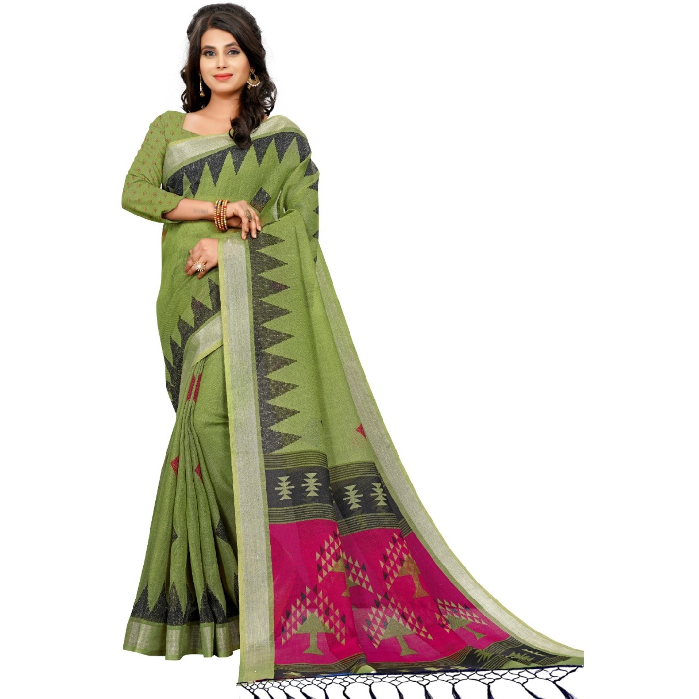 Beautiful Digital Printed Linen Saree with Running Blouse Piece