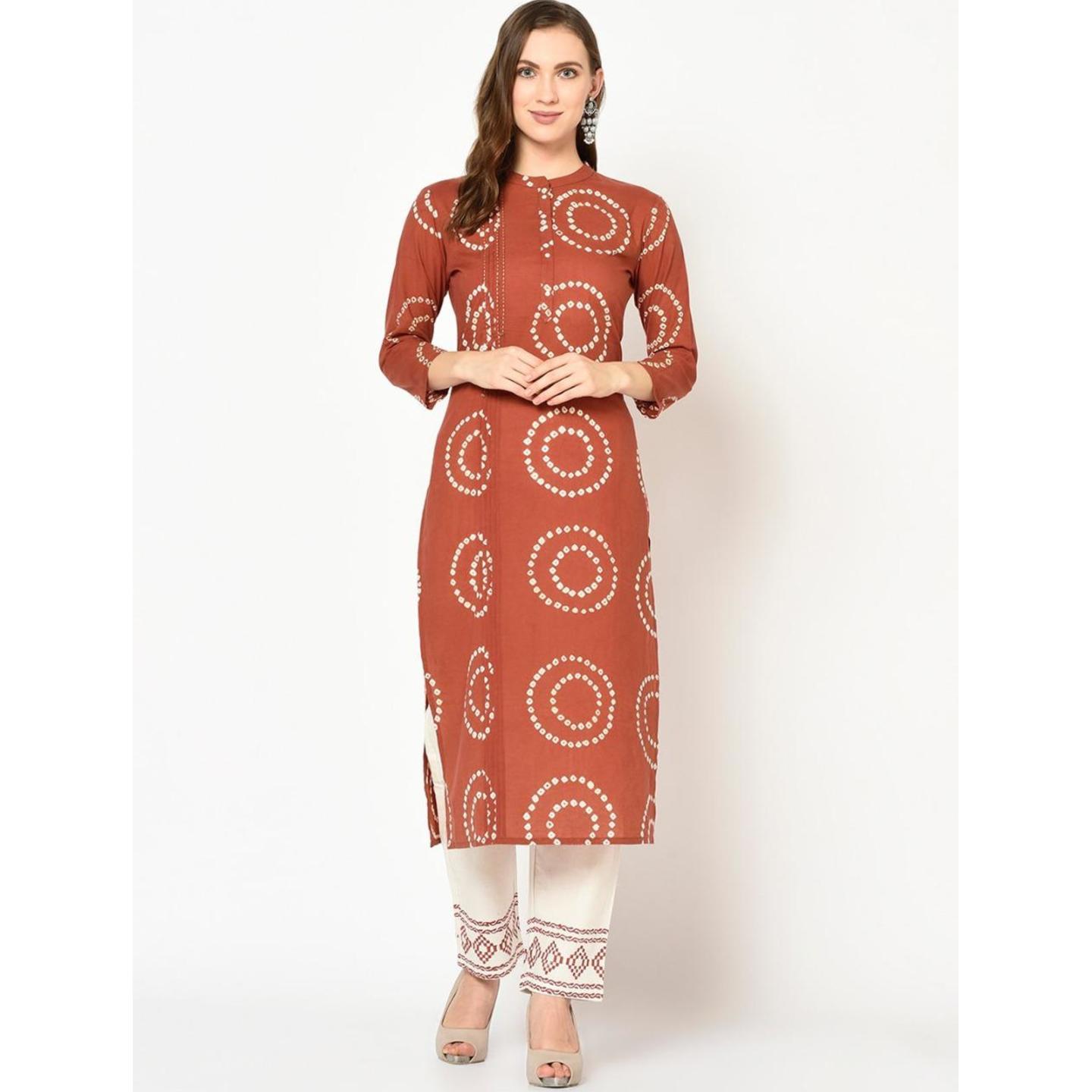 Jaipuri Rust and Off-White printed Kurta with Palazzos and Dupatta