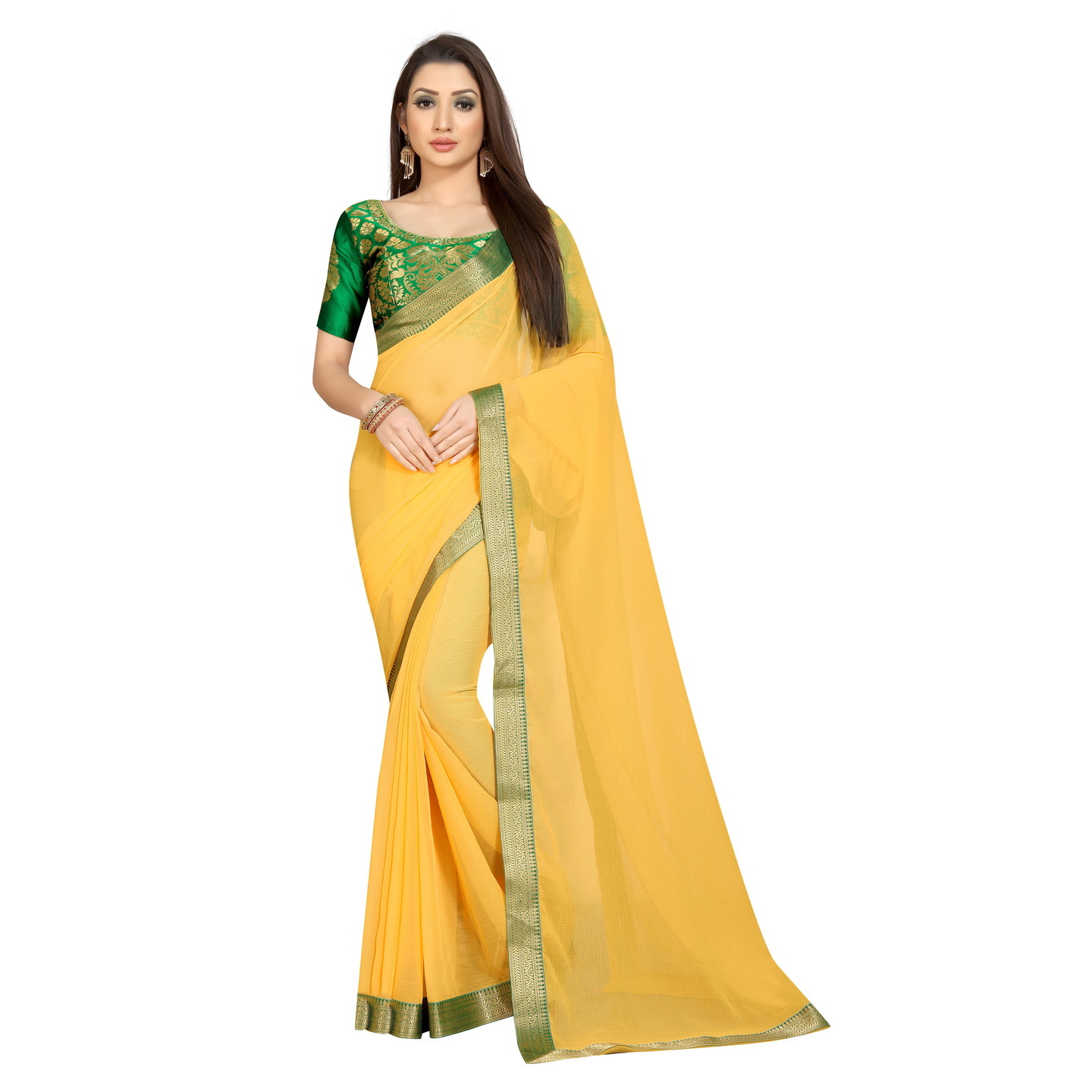 CLASSIC YELLOW GREEN CHIFFON SAREE