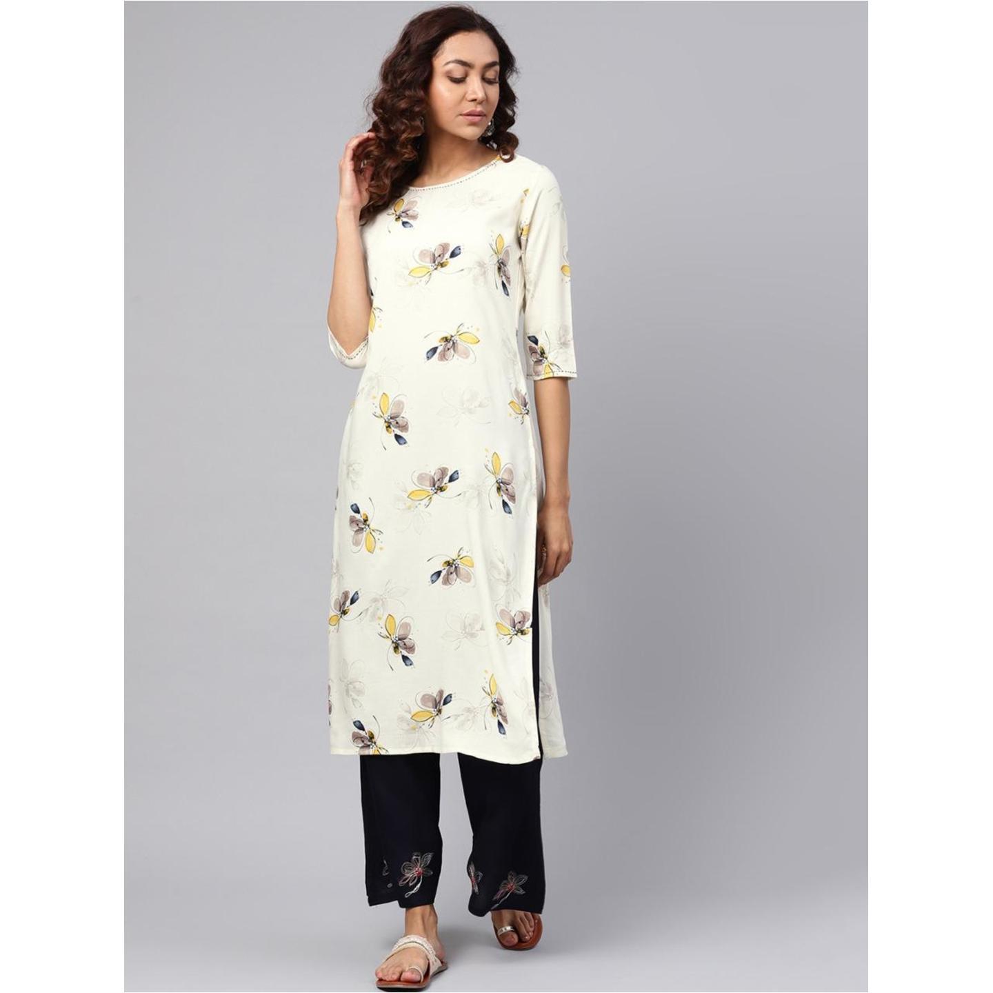 Jaipuri Off-White and Navy Blue printed Kurta with Palazzos