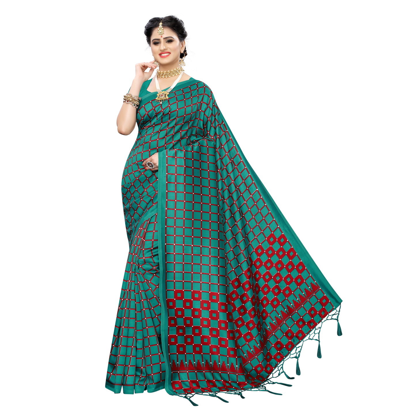 SILK CHECKS GREEN PRINTED SAREE