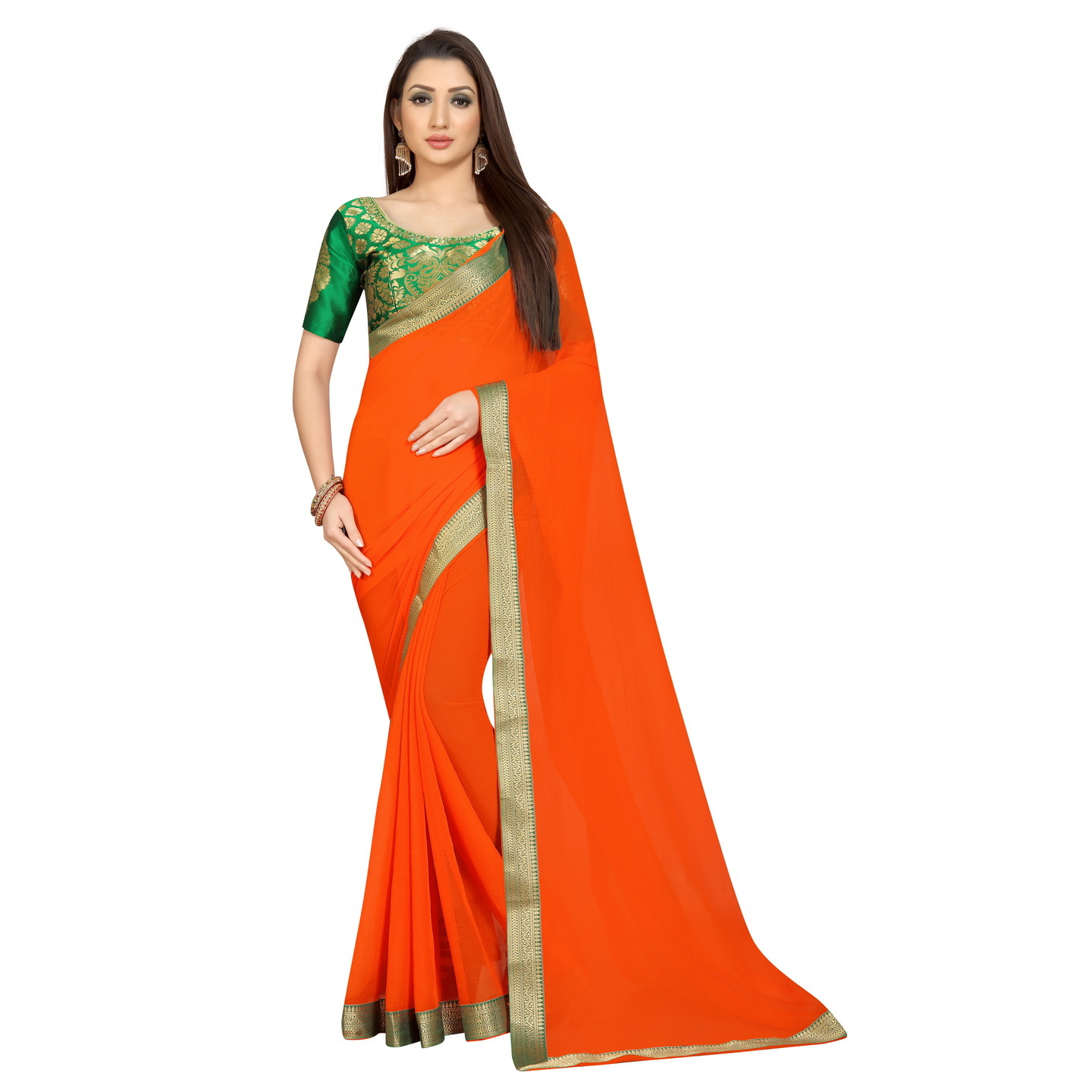 CLASSIC ORANGE GREEN CHIFFON SAREE