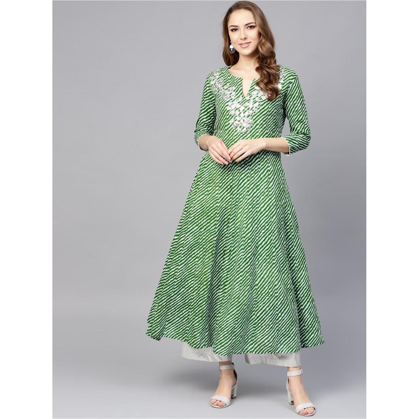 Jaipuri Green & White Leheriya Anarkali
