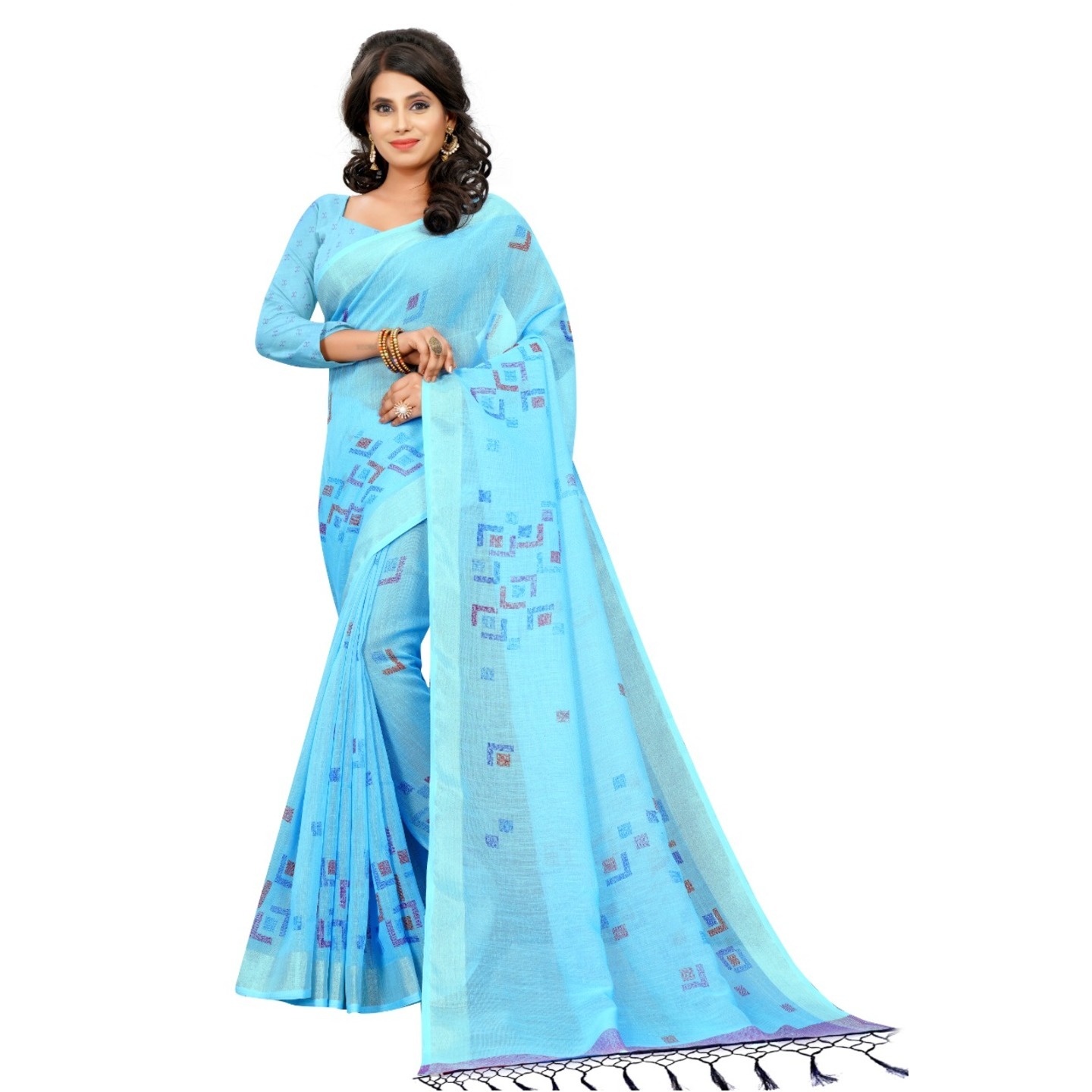Blue Digital Printed Linen Saree with Running Blouse Piece