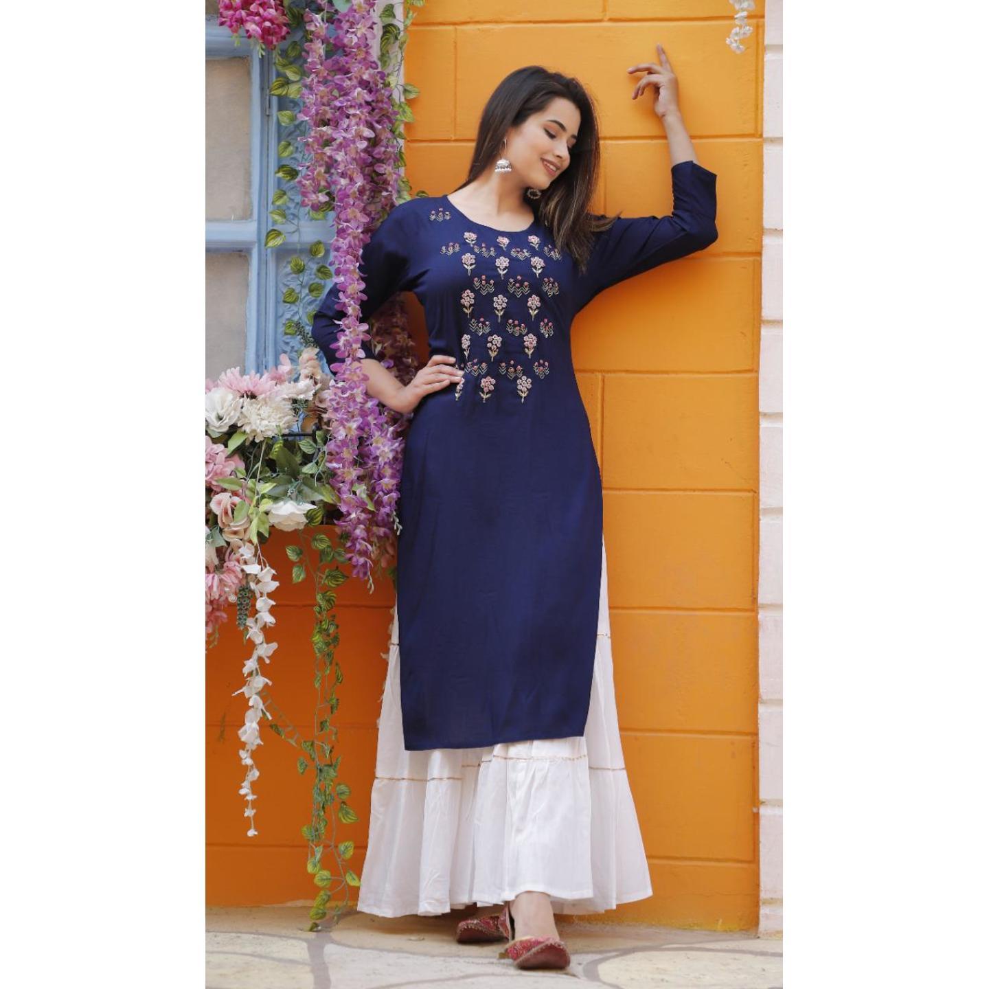 Jaipuri Navy blue Kurta with Skirt