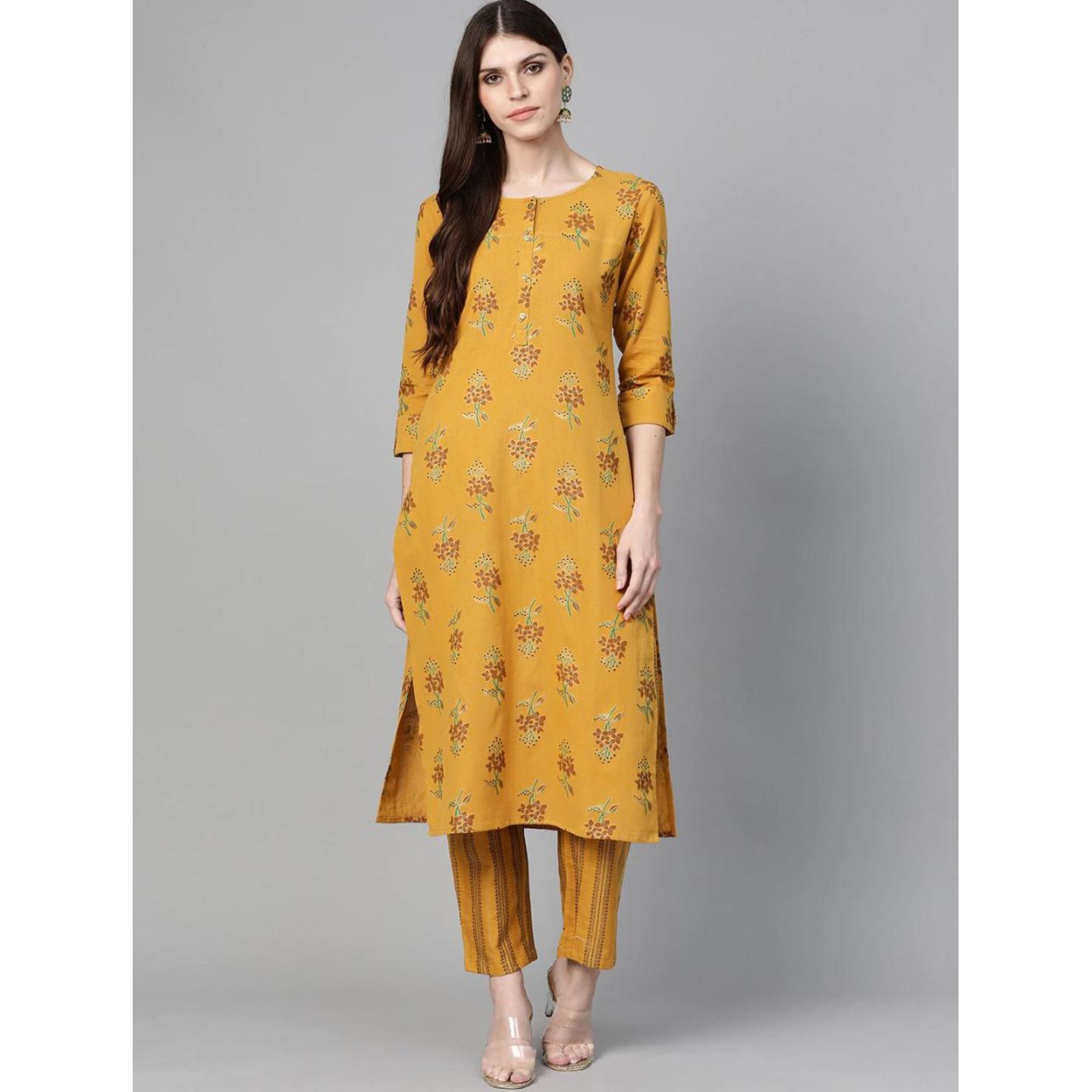 Jaipuri Mustard Yellow and Black floral print Kurta with Trousers