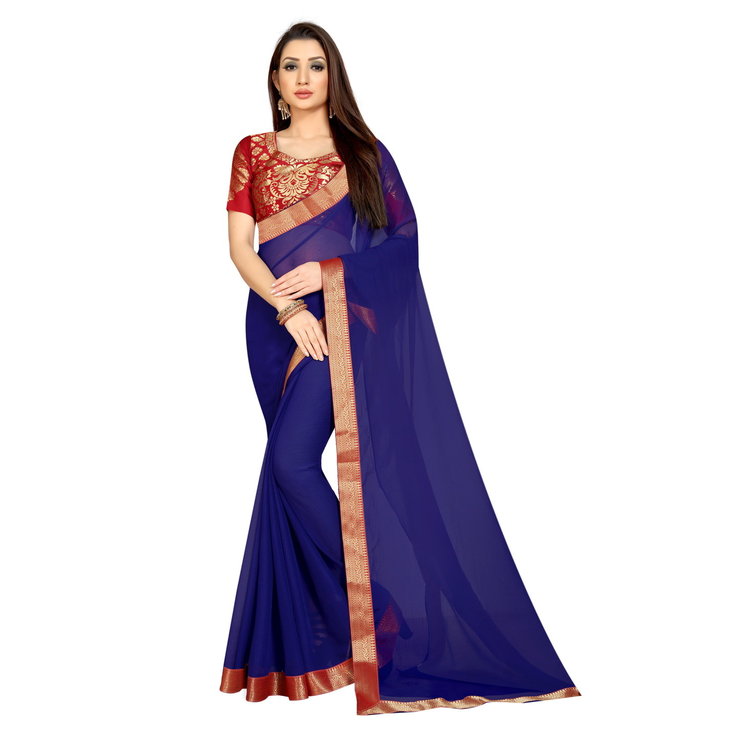 CLASSIC NAVY-BLUE RED CHIFFON SAREE