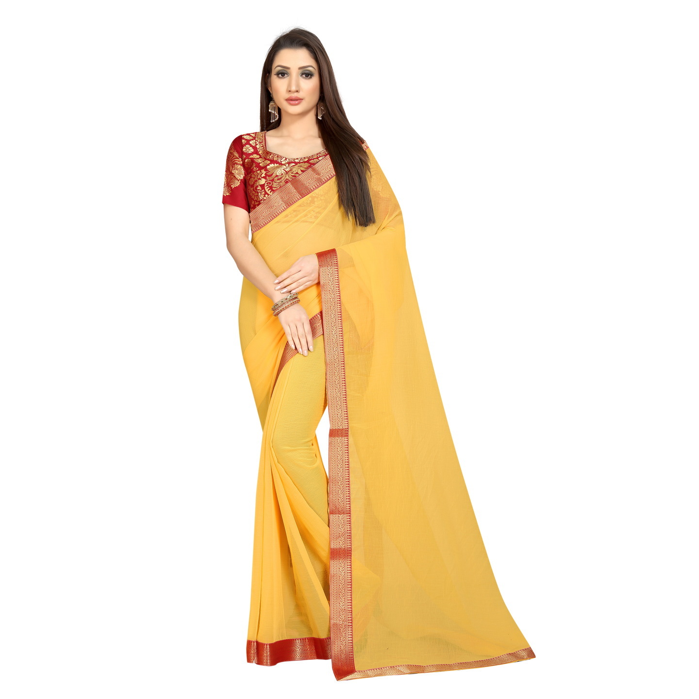 CLASSIC YELLOW RED CHIFFON SAREE