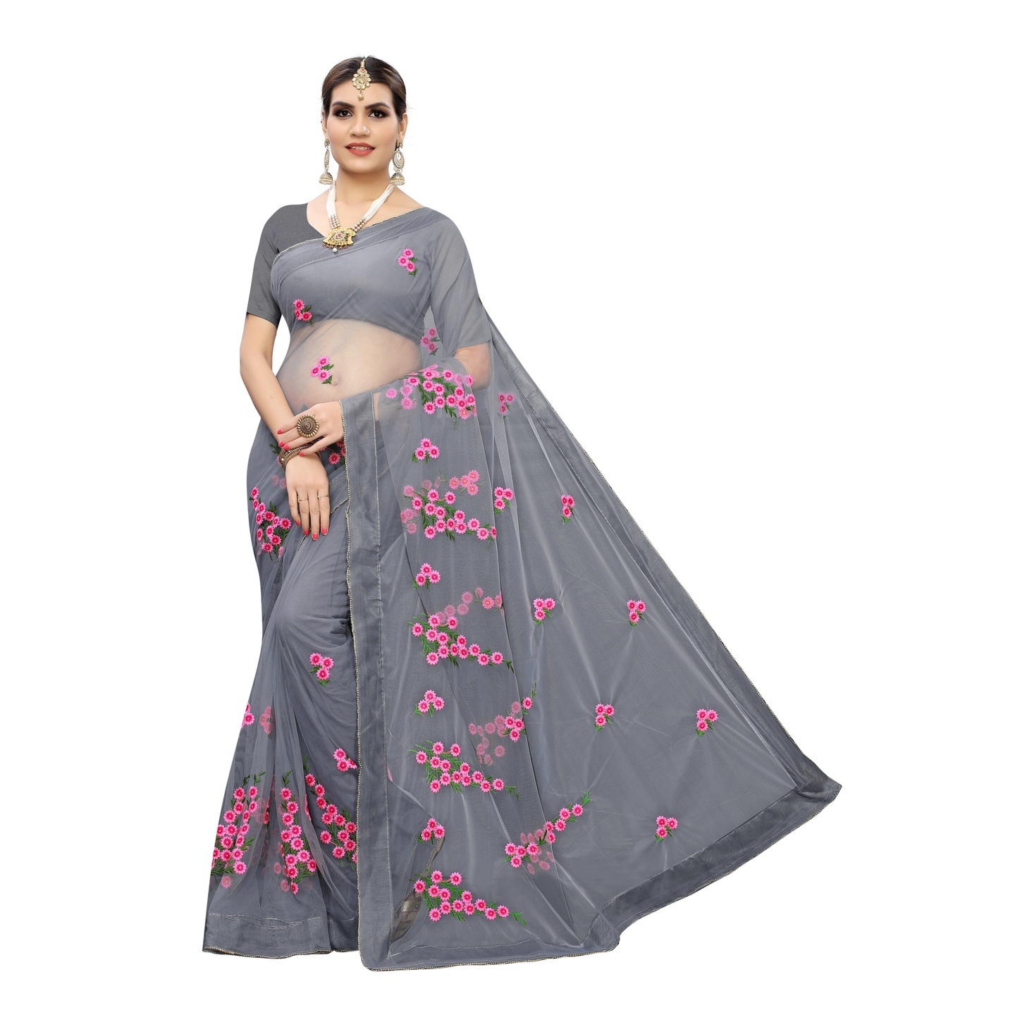 DESIGNER GREY EMBRIOIDERED FLORAL CONCEPT NET SAREE