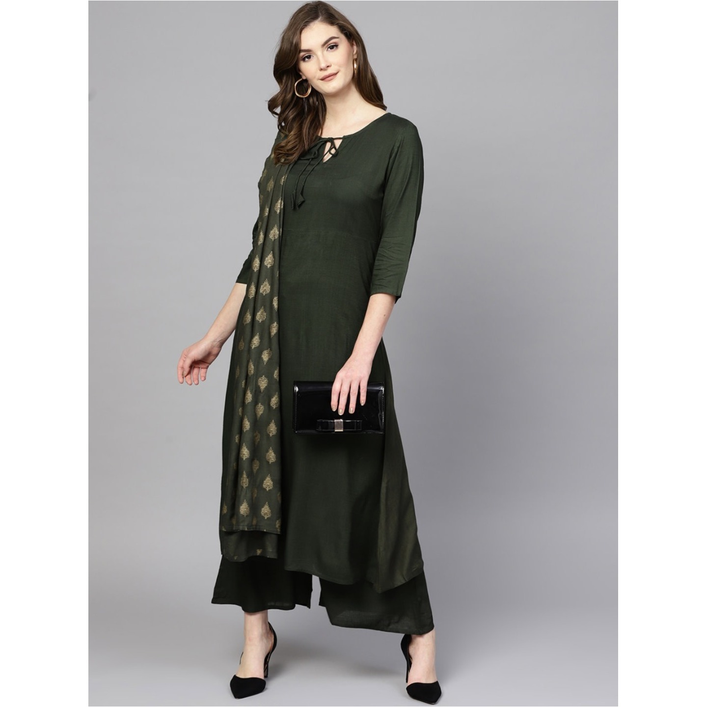 Jaipuri Green solid Kurta with Palazzos with Dupatta