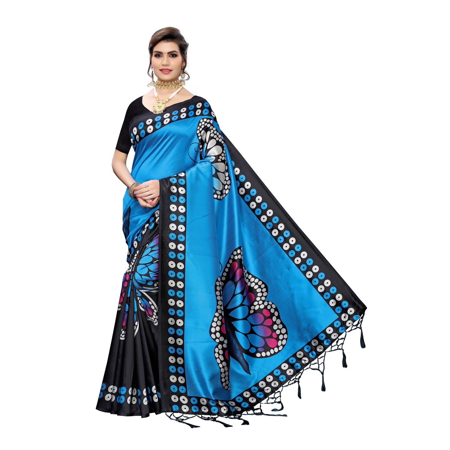 MANMOHAK PRINTED BLUE ART SILK SAREE