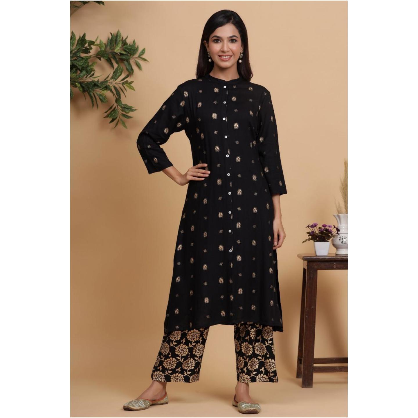 Jaipuri Black and Golden printed Kurta with Trouser