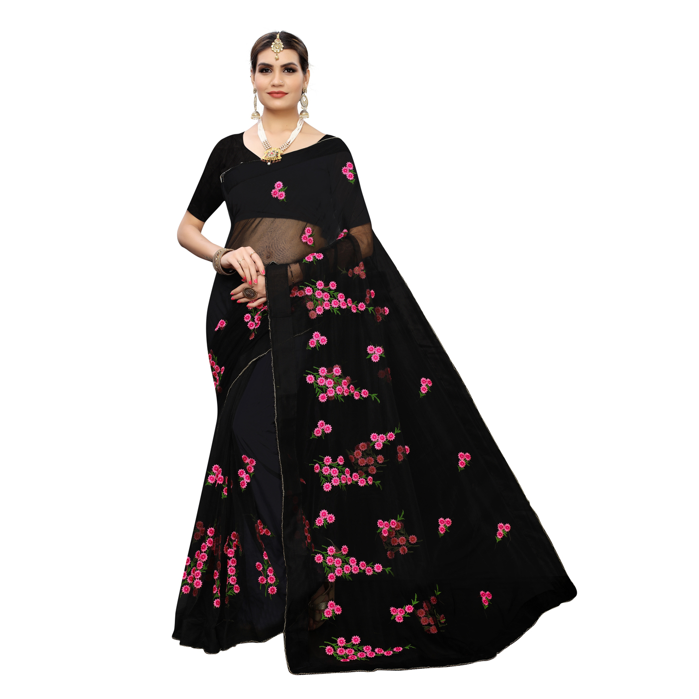 DESIGNER BLACK EMBRIOIDERED FLORAL CONCEPT NET SAREE