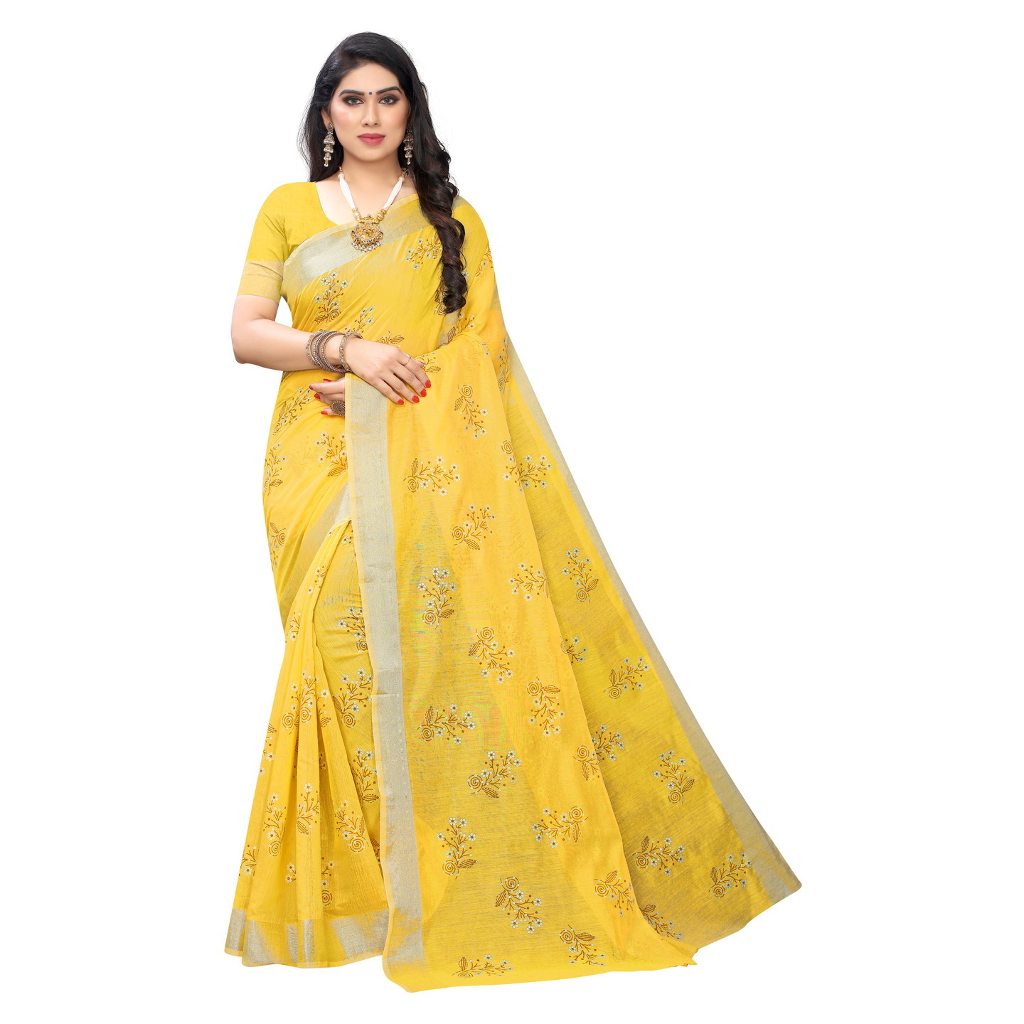 SIMPLE CHANDHERI DESIGNER YELLOW SAREE