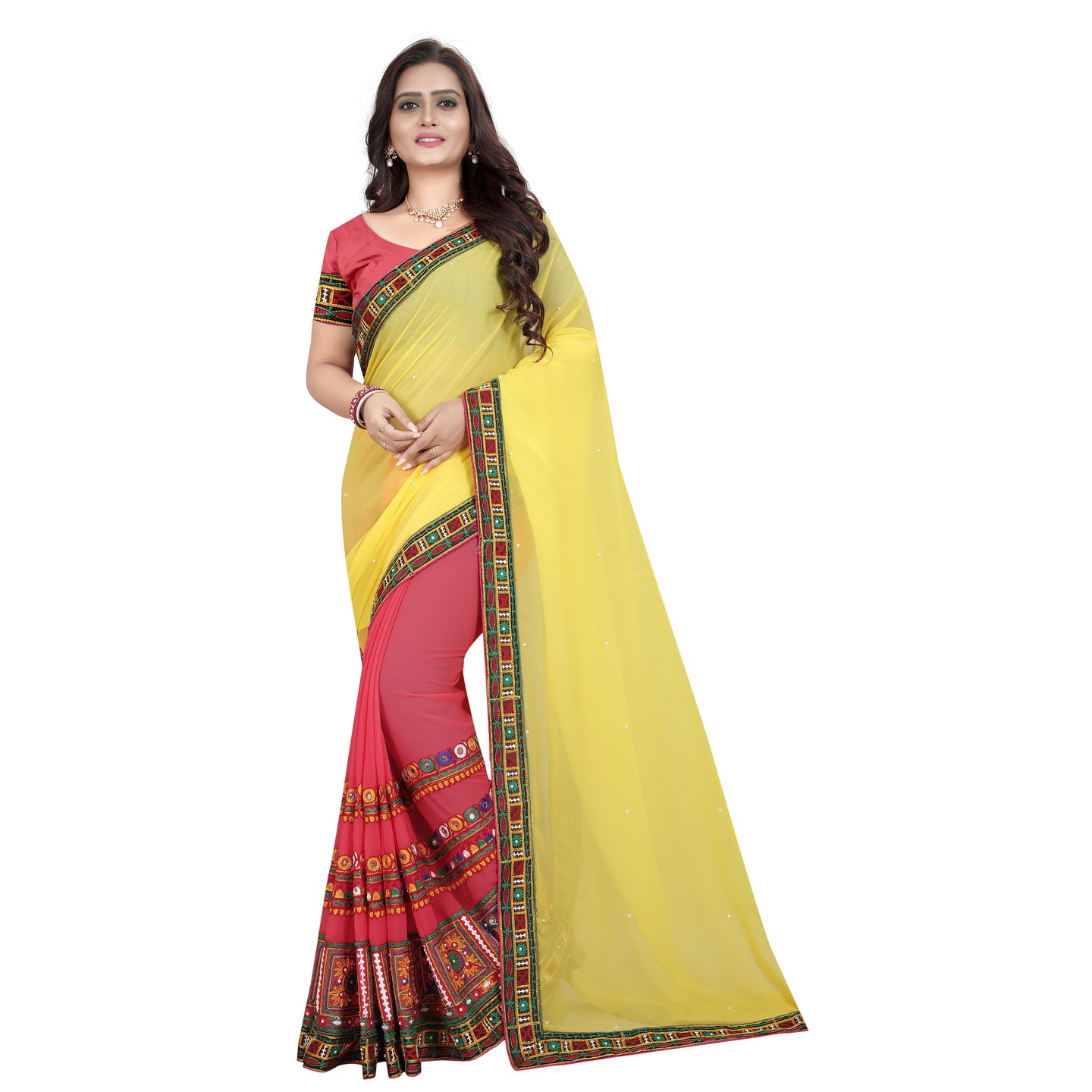 KUTCHI PEACH YELLOW DESIGNER SAREE