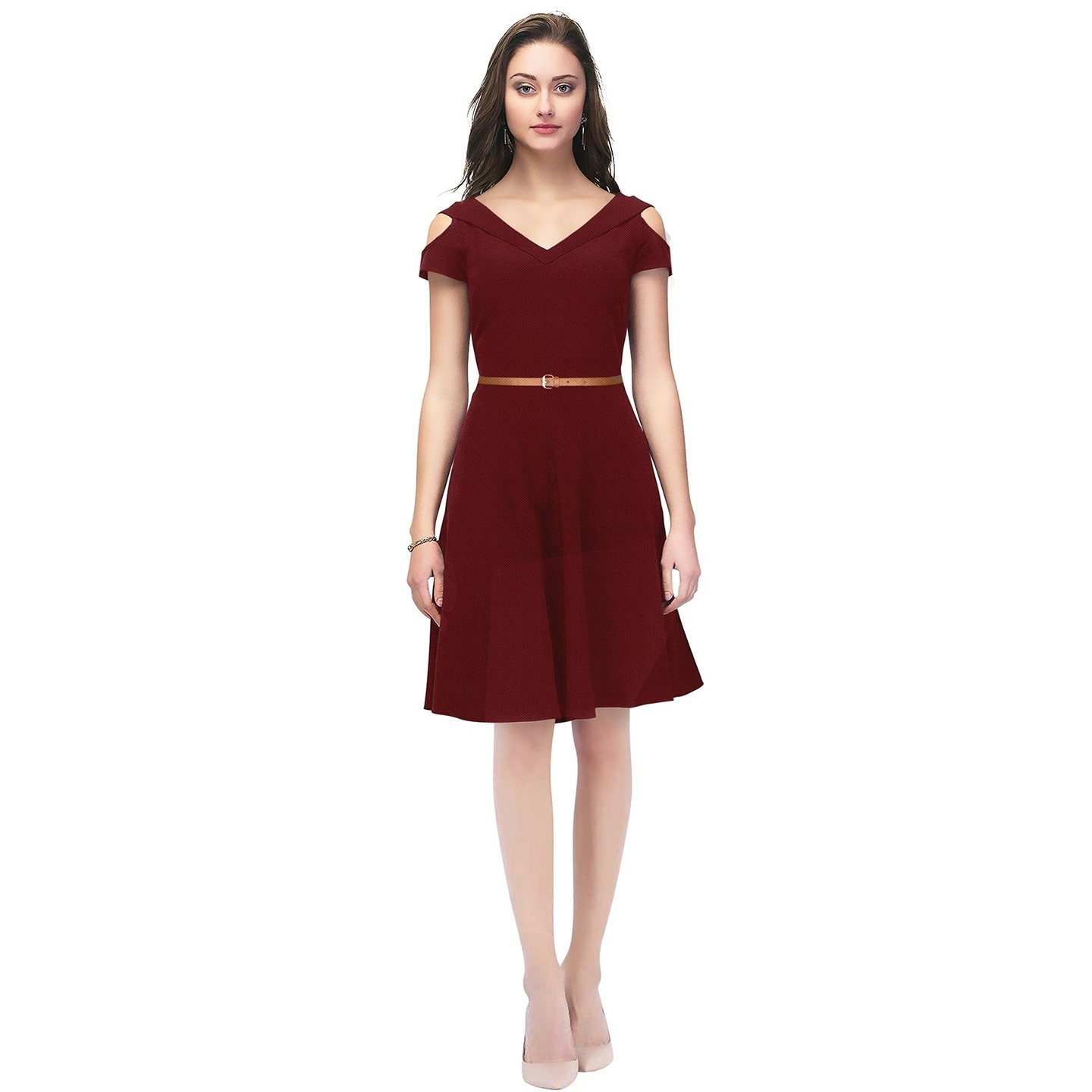 ISHA MAROON SKATER DRESS WITH BELT