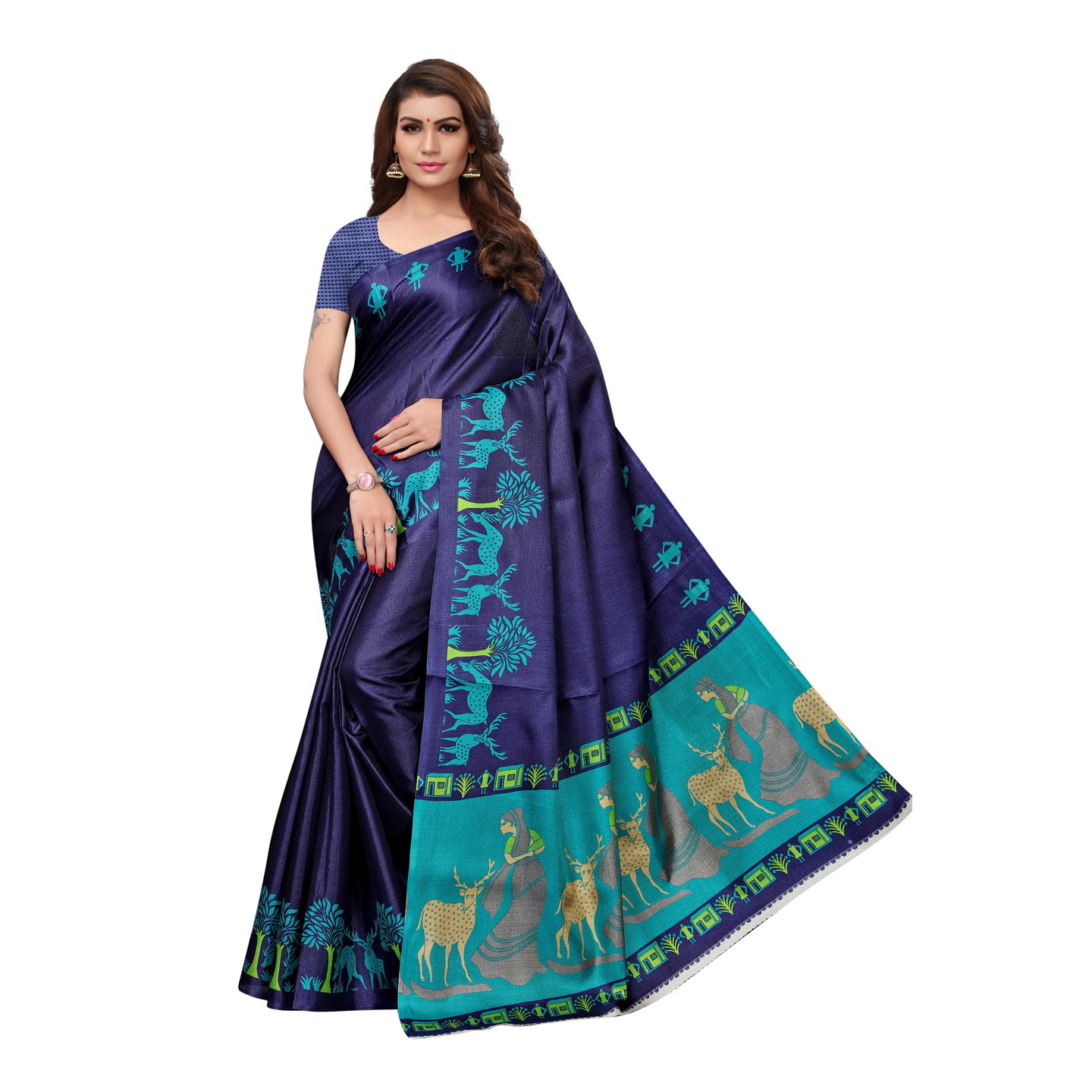 KALAMKARI NAVY BLUE KHADI SILK SAREE WITH FIGURE PRINT CONCEPT