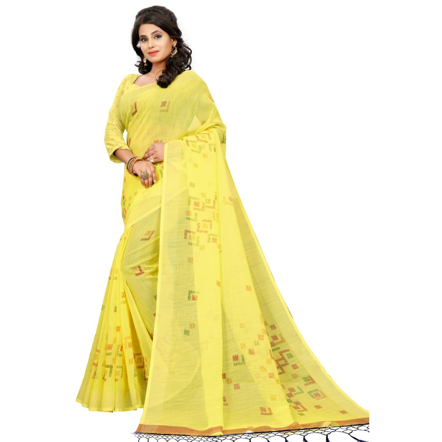 Yellow Digital Printed Linen Saree with Running Blouse Piece