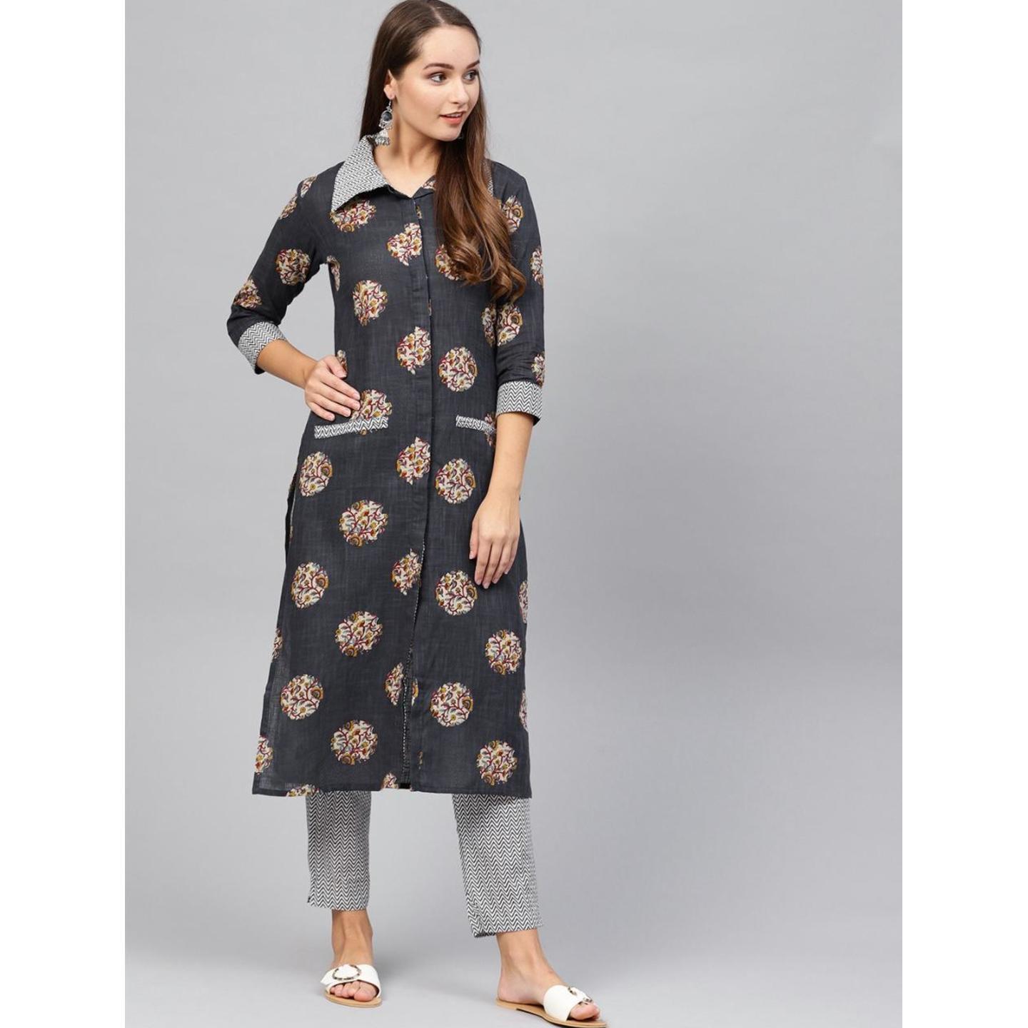 Jaipuri Navy Blue and White printed Kurta with Trousers