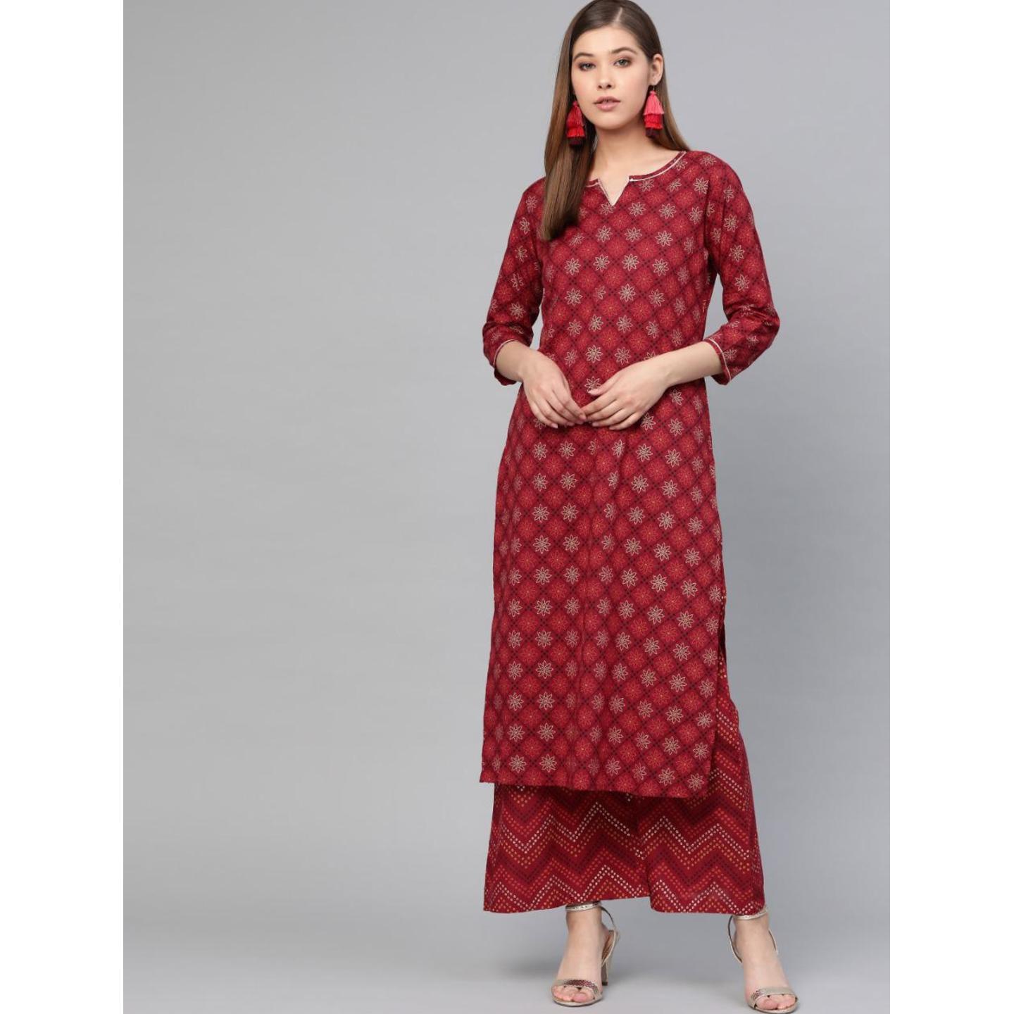 Jaipuri Maroon, Golden and Black printed Kurta with Palazzos