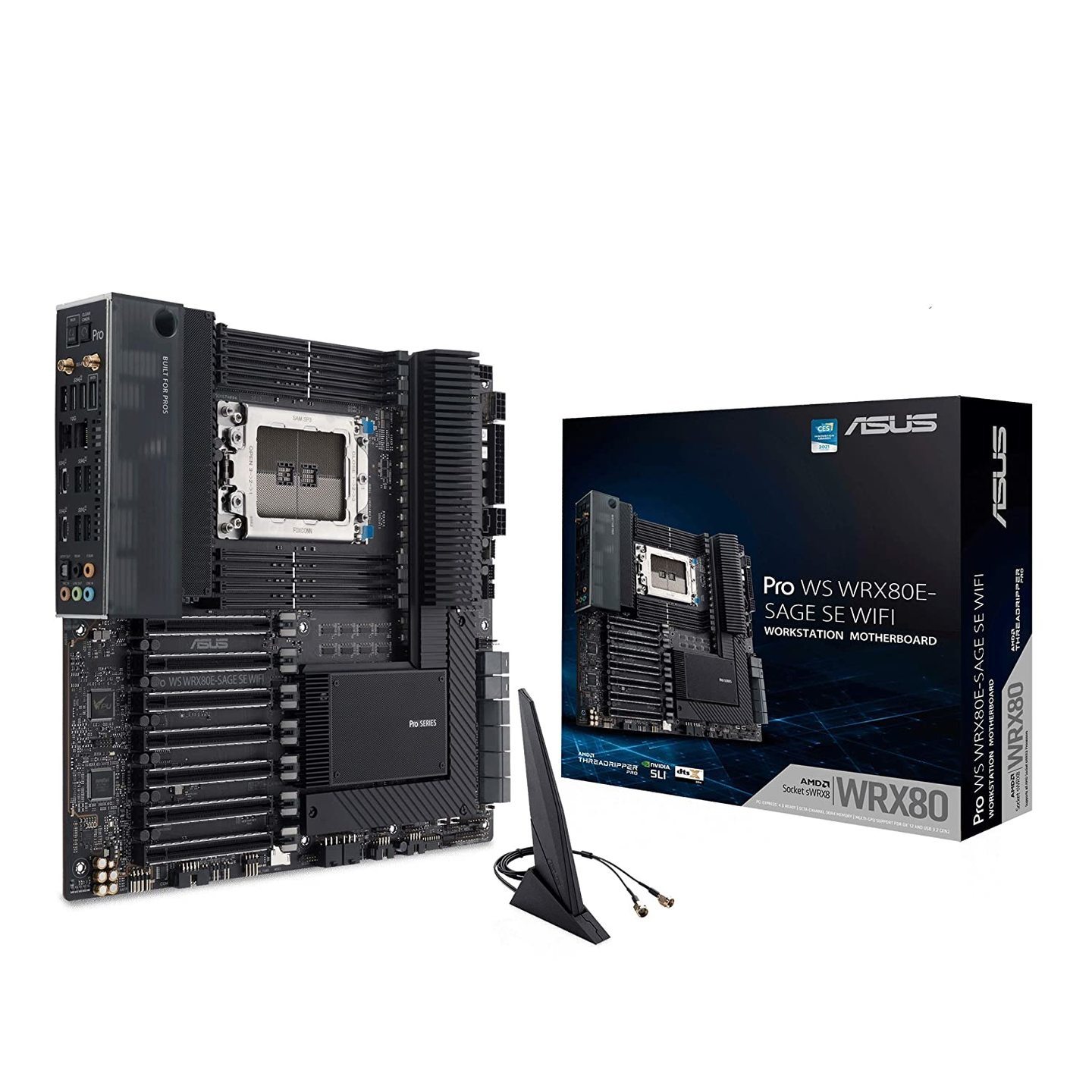 ASUS Pro WS WRX80E-SAGE SE WIFI AMD Threadripper Pro EATX workstation motherboard (PCIe 4.0, ASMB9-iKVM, 2x10Gb LAN, 7xPCIe 4.0 X16 slots, 3xM.2,2xU.2 ports, 11 USB 3.2 Gen 2 ports,8-channel DDR4 ECC)