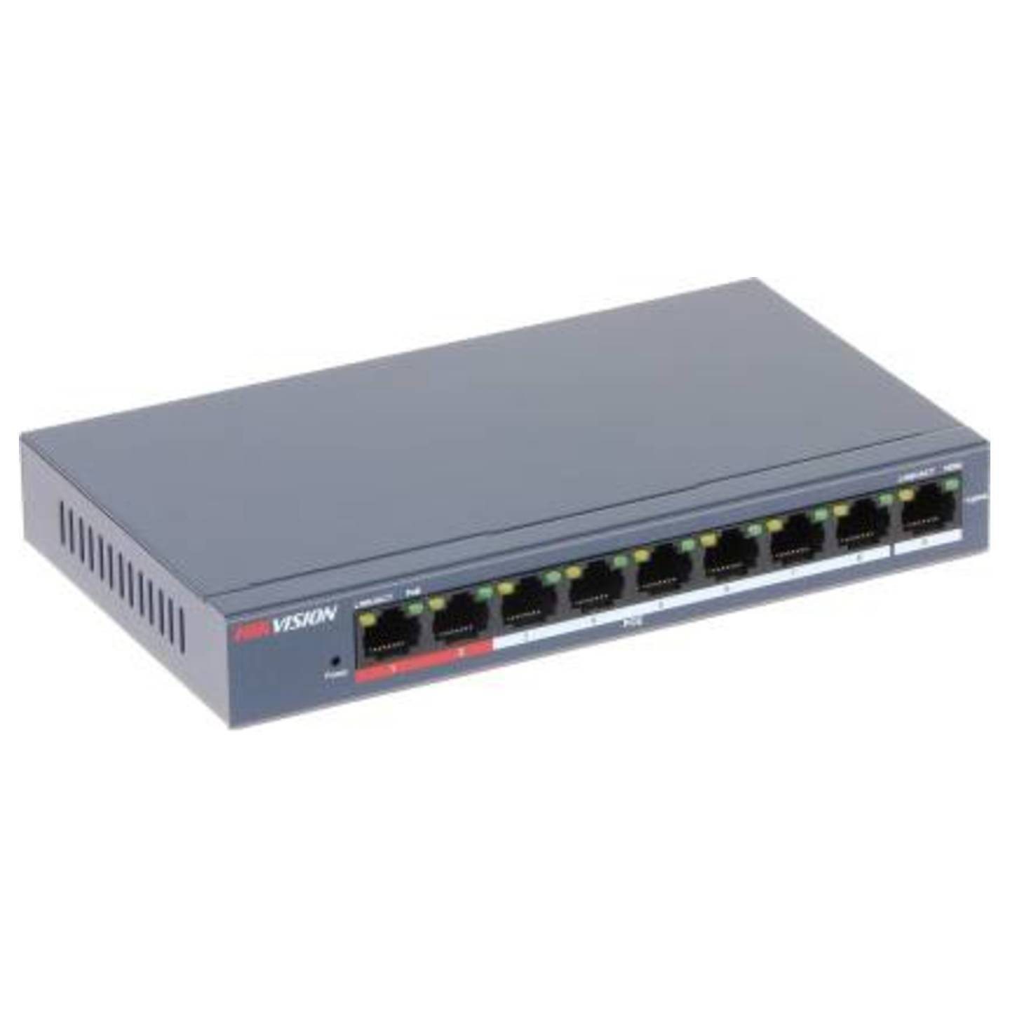 DS-3E0109P-E/M L2, Unmanaged, 8 10/100M RJ45 PoE ports, 1 10/100M RJ45 uplink port, 802.3af/at, PoE power budget 60W, max. 300m long distance transmission, 6KV surge protection 