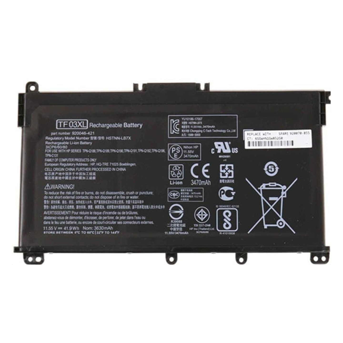 HT03XL Laptop Battery Compatible with Hp 14-CE0025TU 14-CE0034TX TPN-I130/I131/I132 Pavilion 15-CD/CS/DA Laptop L11421-422 HSTNN-LB8M 17-AR050WM 920046-121 421 541 920070-855 HSTNN-IB7Y [TF03XL] 4 Cell Laptop Battery
