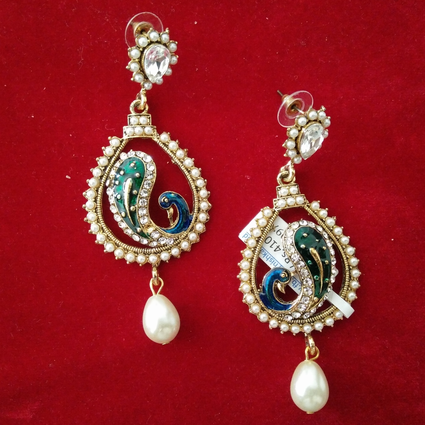 Peacock design long earrings with AD White Pearls green and blue enamel work