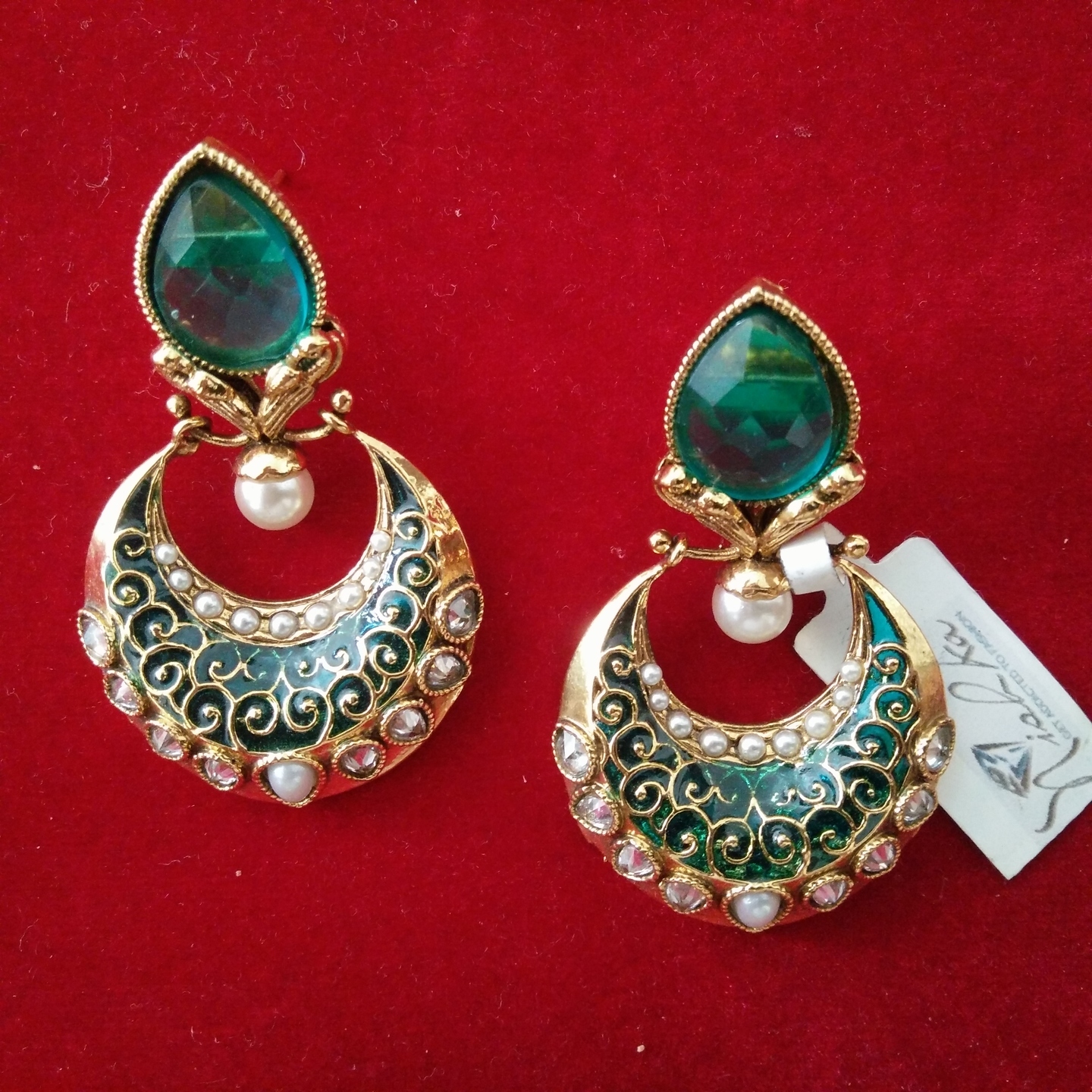 Chandbali in Green enamel work and stones