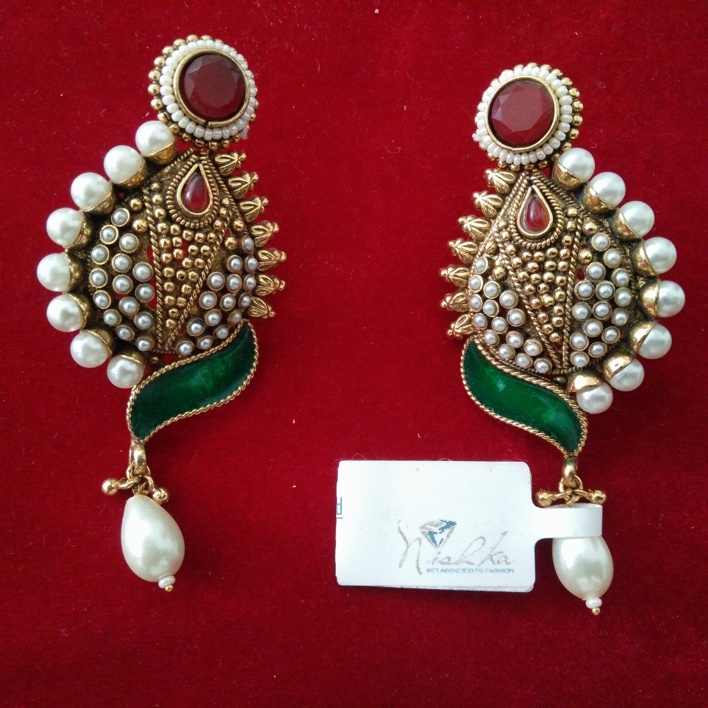 Antique look earrings with red green enamel and white pearls