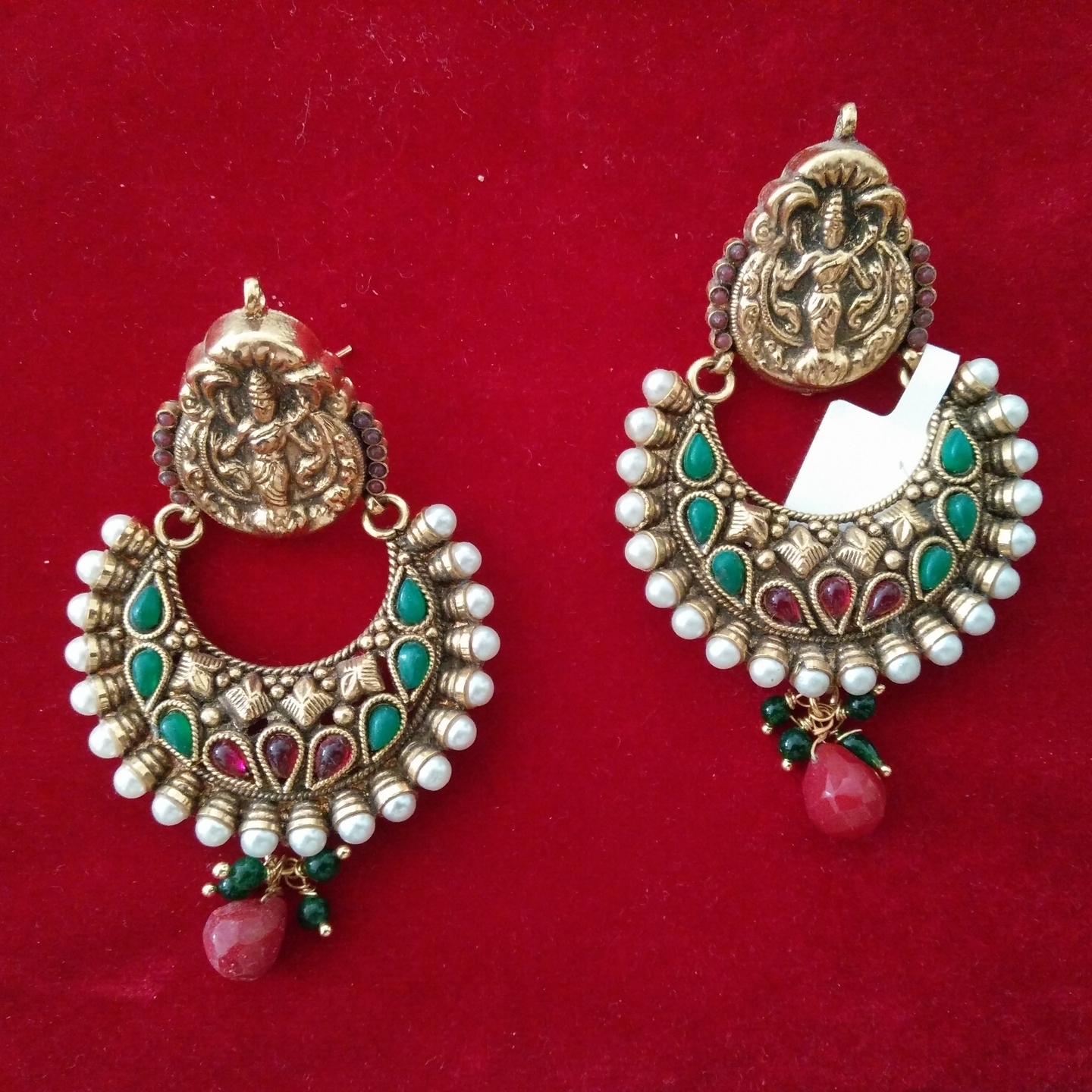 Temple design Chandbali Earrings in Green Enamel work