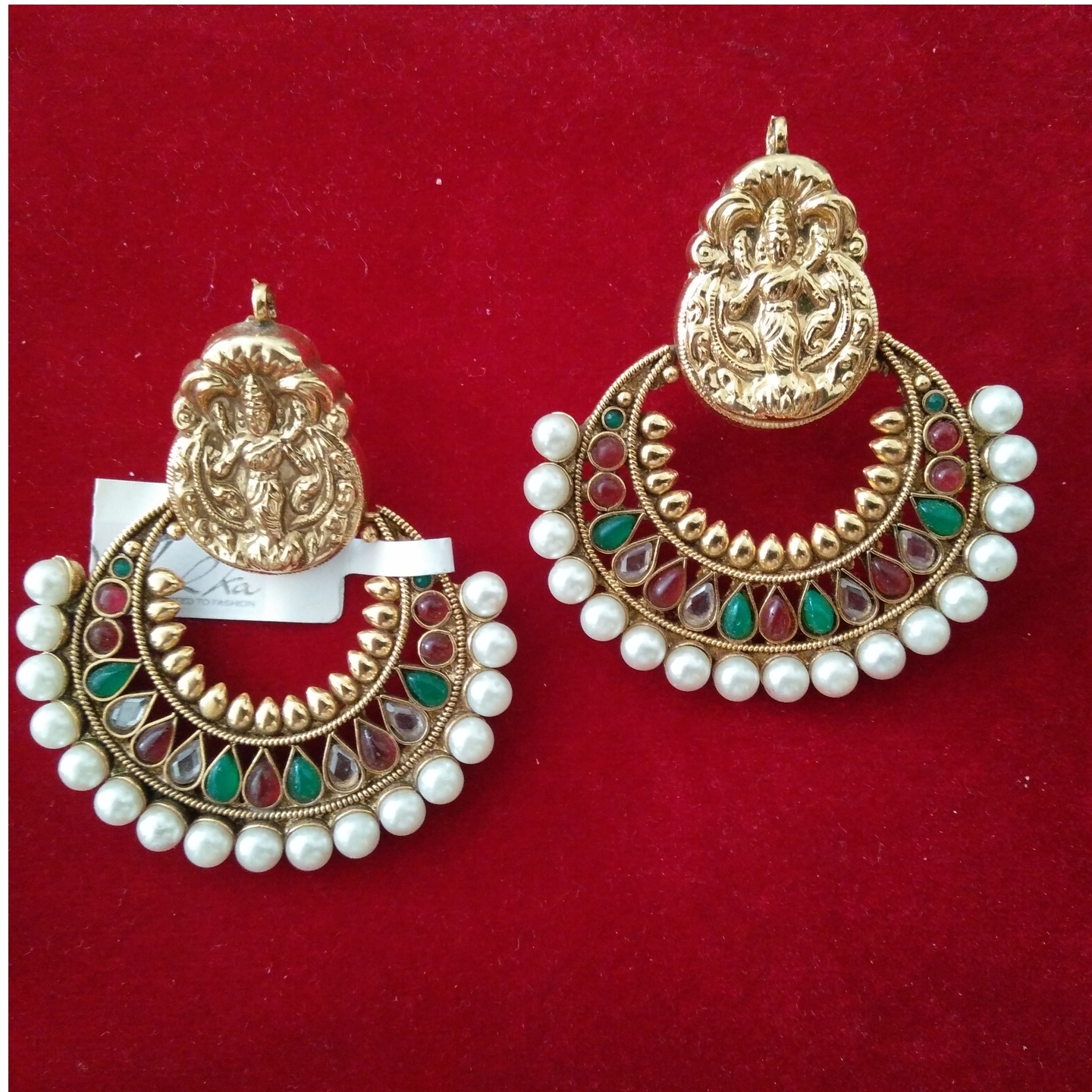 Mahalaxmi Temple Earrings with Multi Colour Stone and white pearls