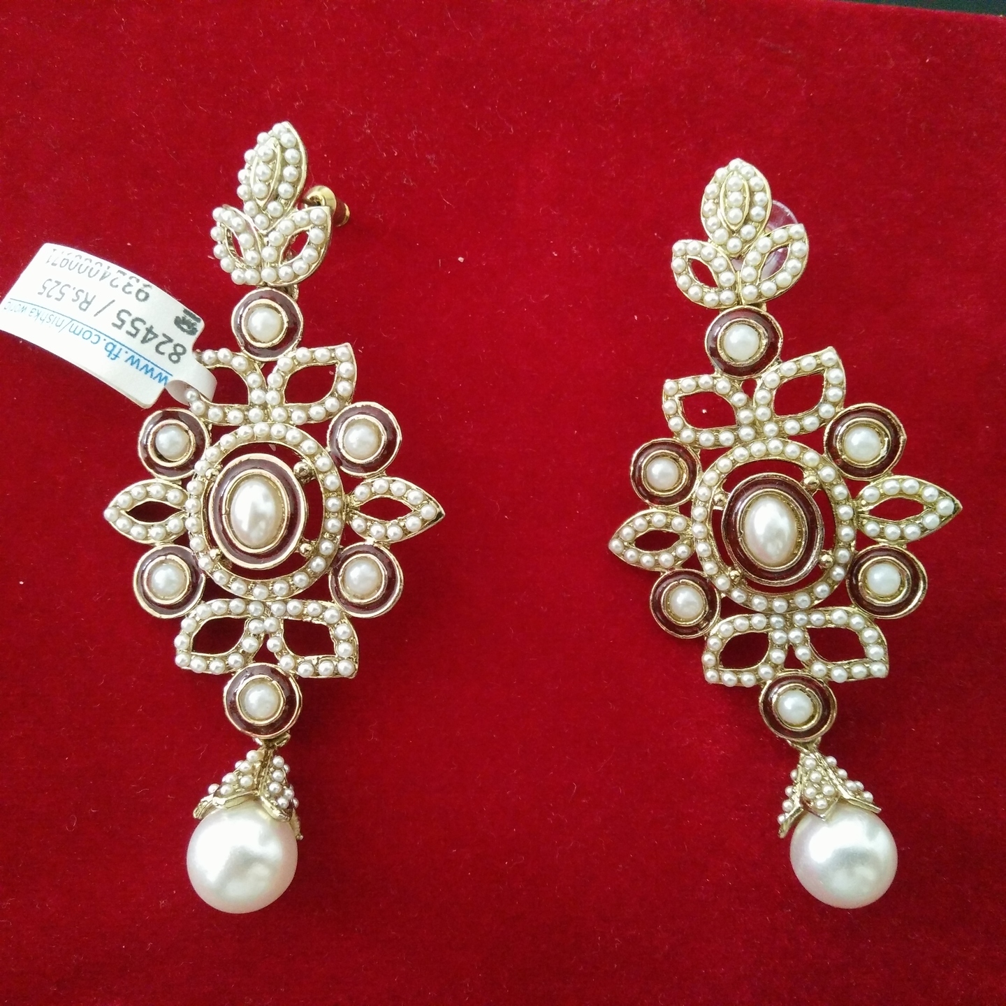 White pearl earrings with red enamel work