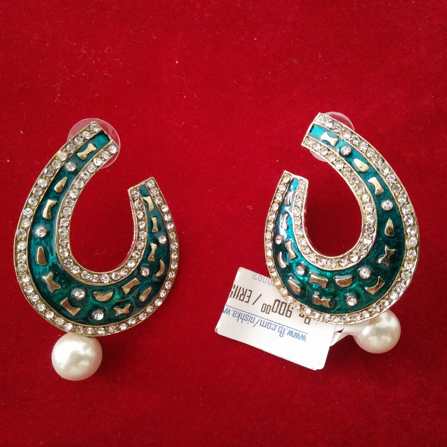 Green Horseshoe design earrings with AD and pearls