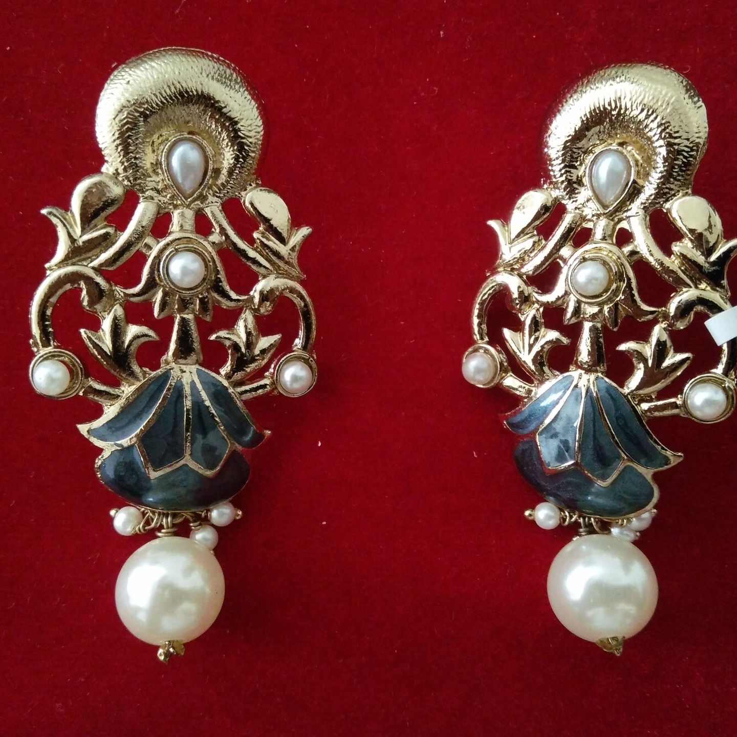 Golden Earrings with White Pearls and Blue enamel work