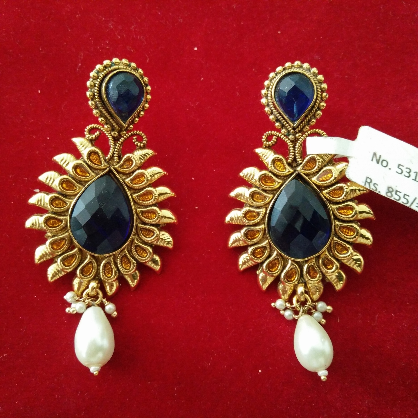 Earrings in Golden with Blue and Green Stones