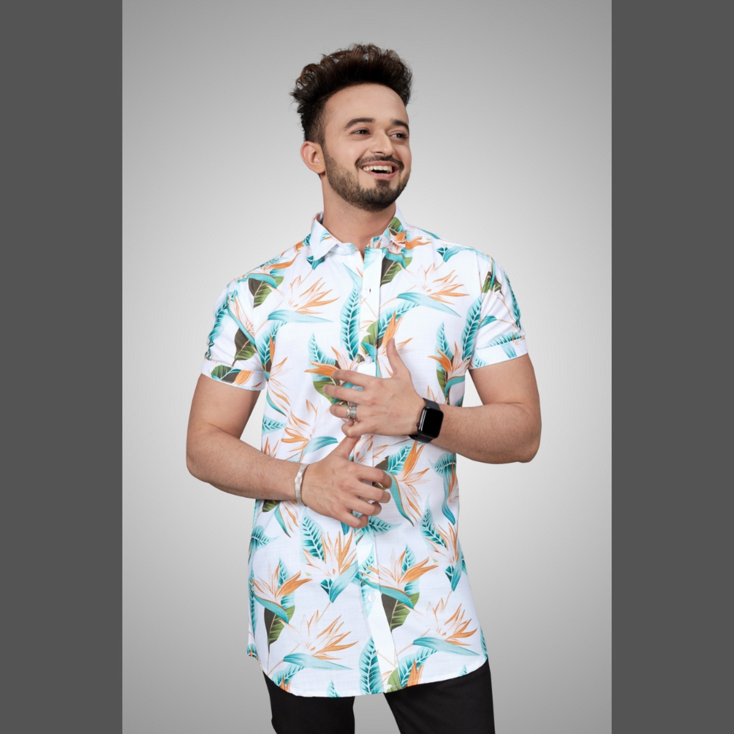 Men Cotton Floral Print Turn Down Collar Hawaii Holiday Shirt