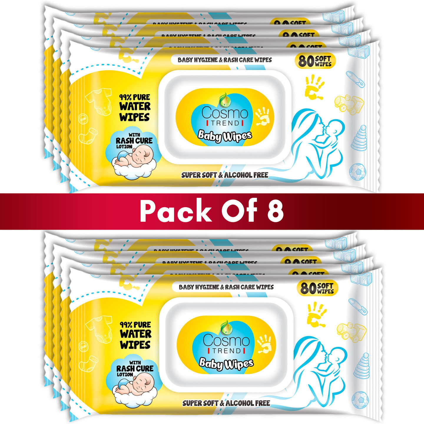 CosmoTrend Cleansing Baby Wet Wipes Pack of 8  With Fliptop Lid