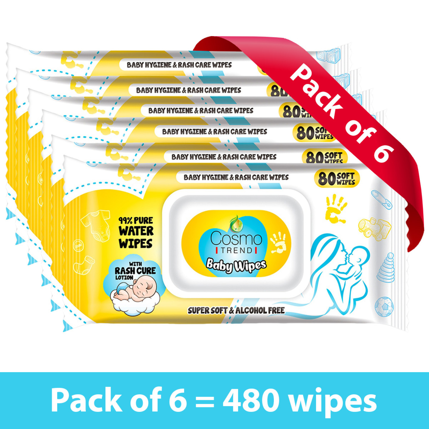 CosmoTrend Cleansing Baby Wet Wipes Pack of 6  With Fliptop Lid