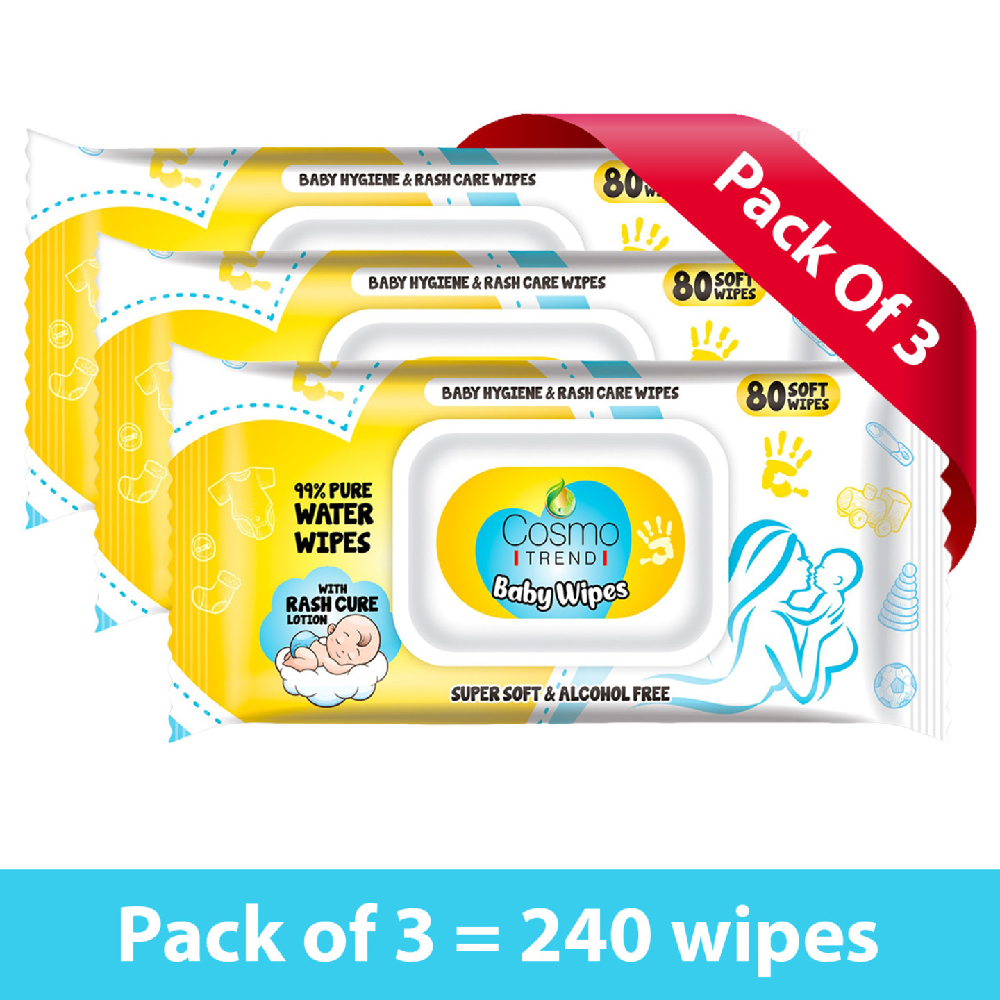 CosmoTrend Cleansing Baby Wet Wipes Pack of 3  With Fliptop Lid