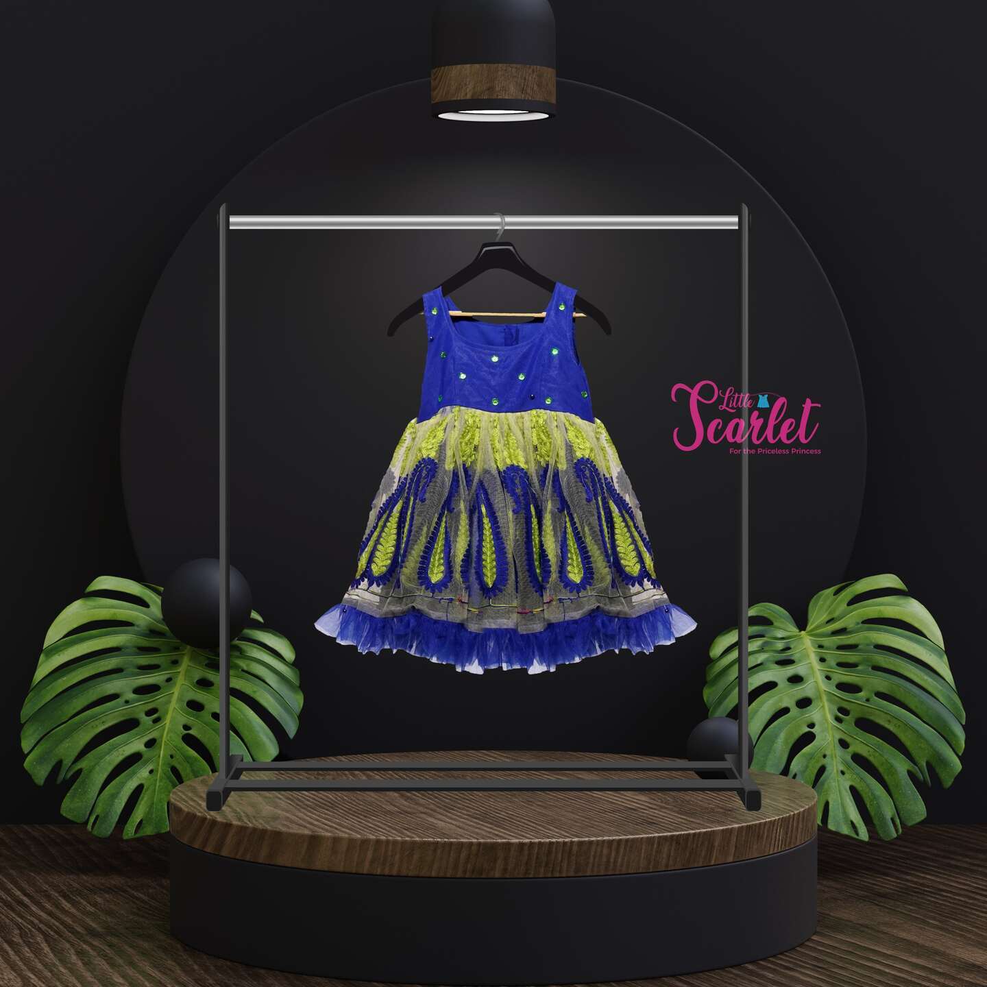 LS-0079 - Blue And Lime Green Fit And Flare Frock