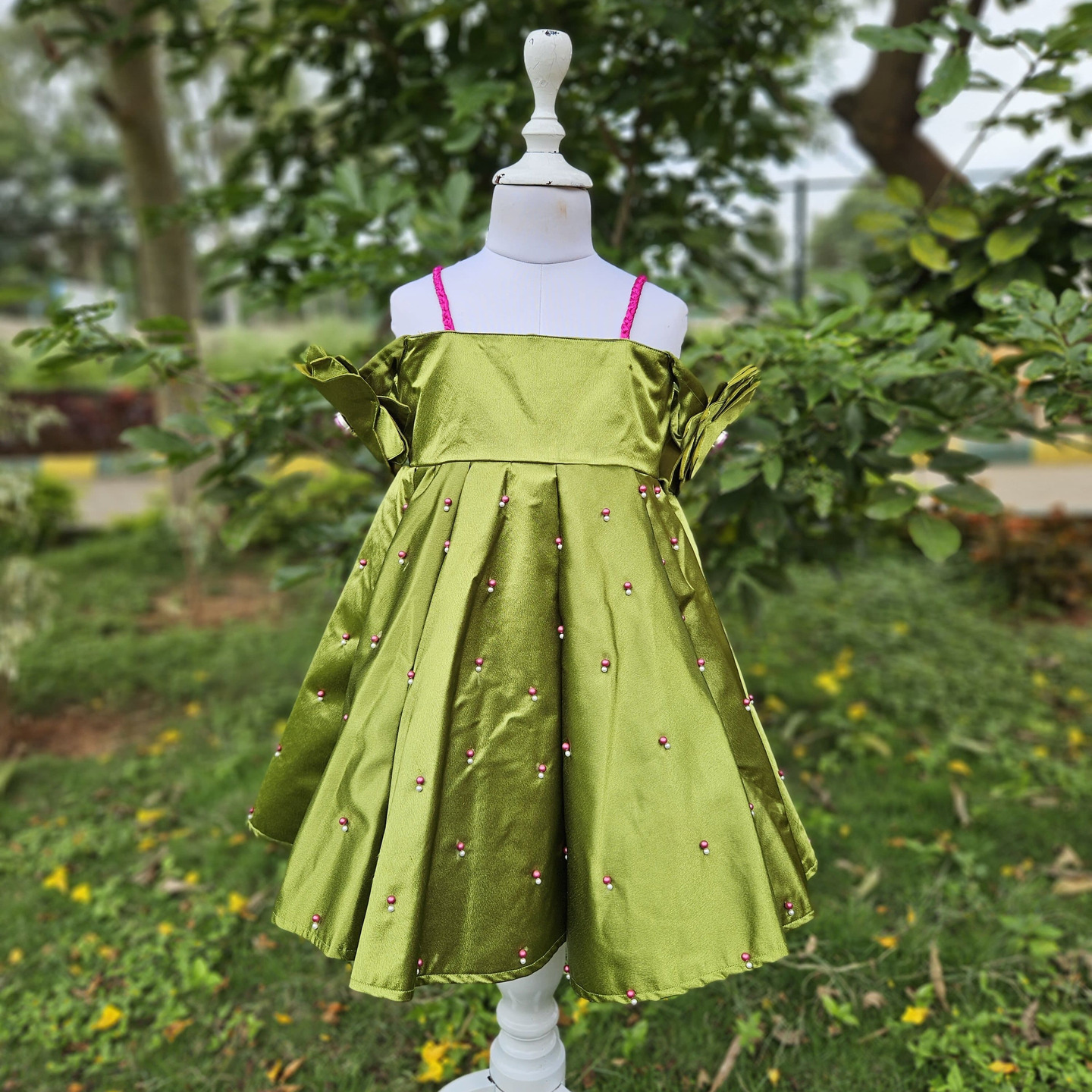 LS-0175 - Olive Green Satin Frock
