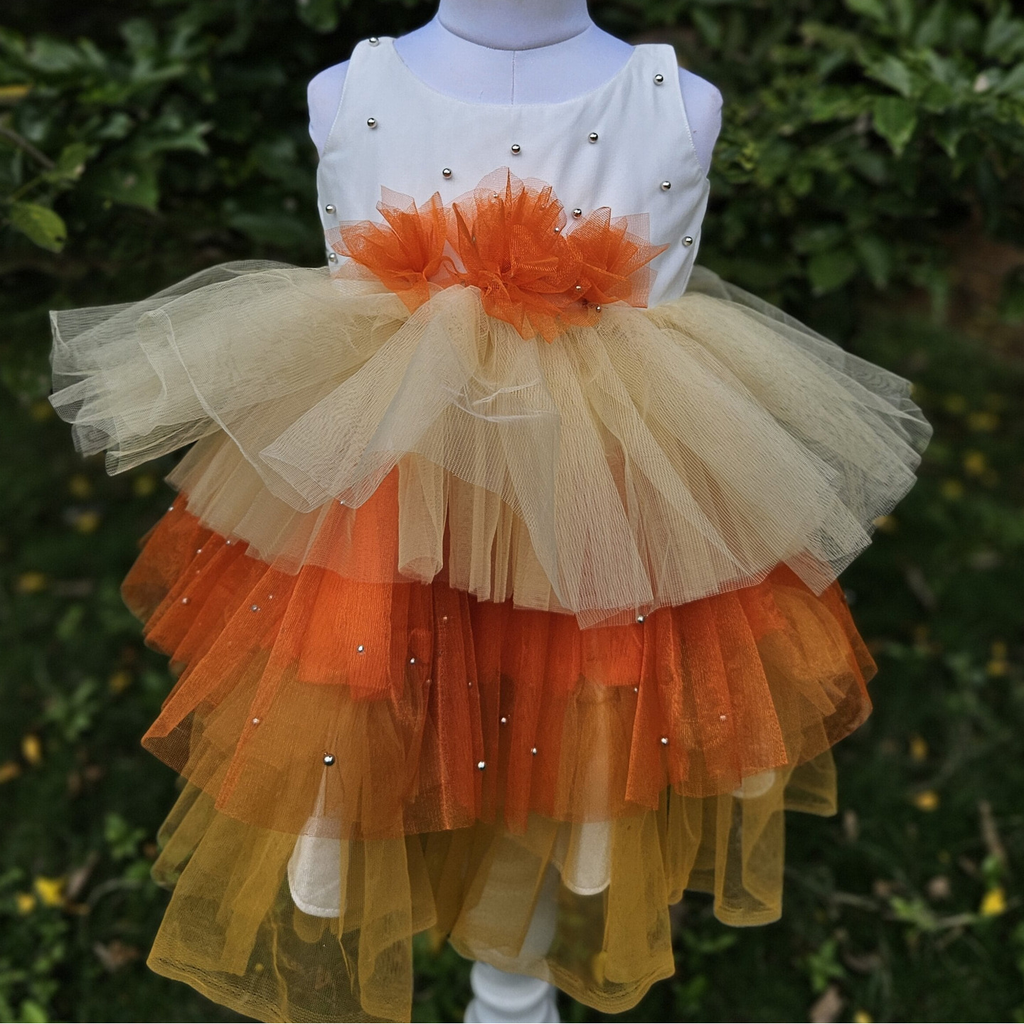 LS-0171 - Net White & Orange Frock