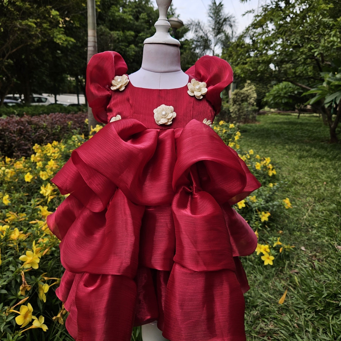 LS-0111 - Puff Sleeves Shiny Red Frock