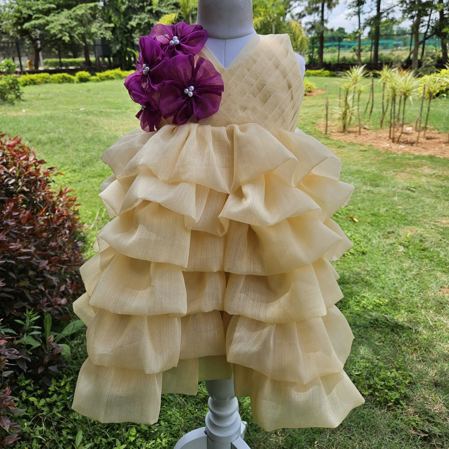 LS-0133 - Cream Gold Organza Frock