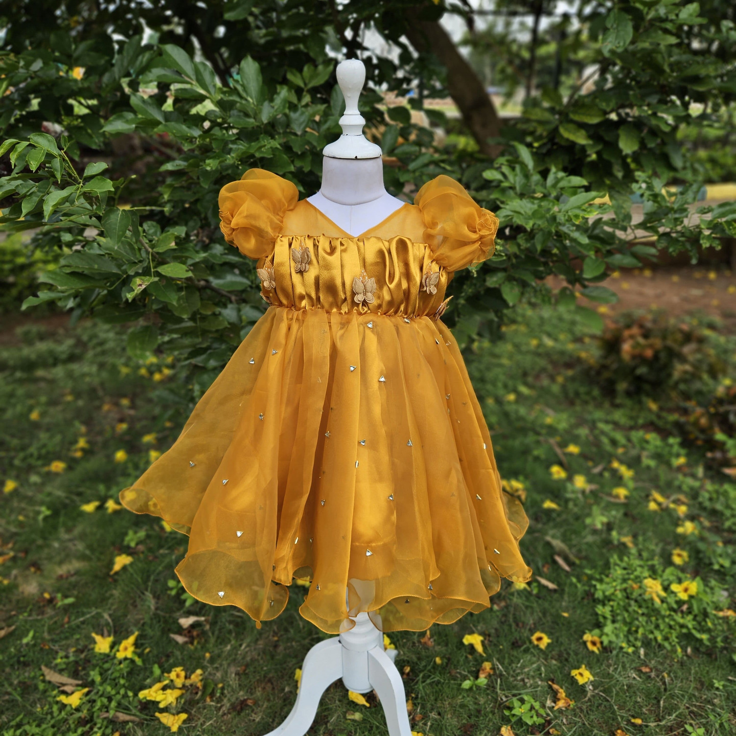 LS-0150 - Mustard Yellow Satin V-Neck Frock