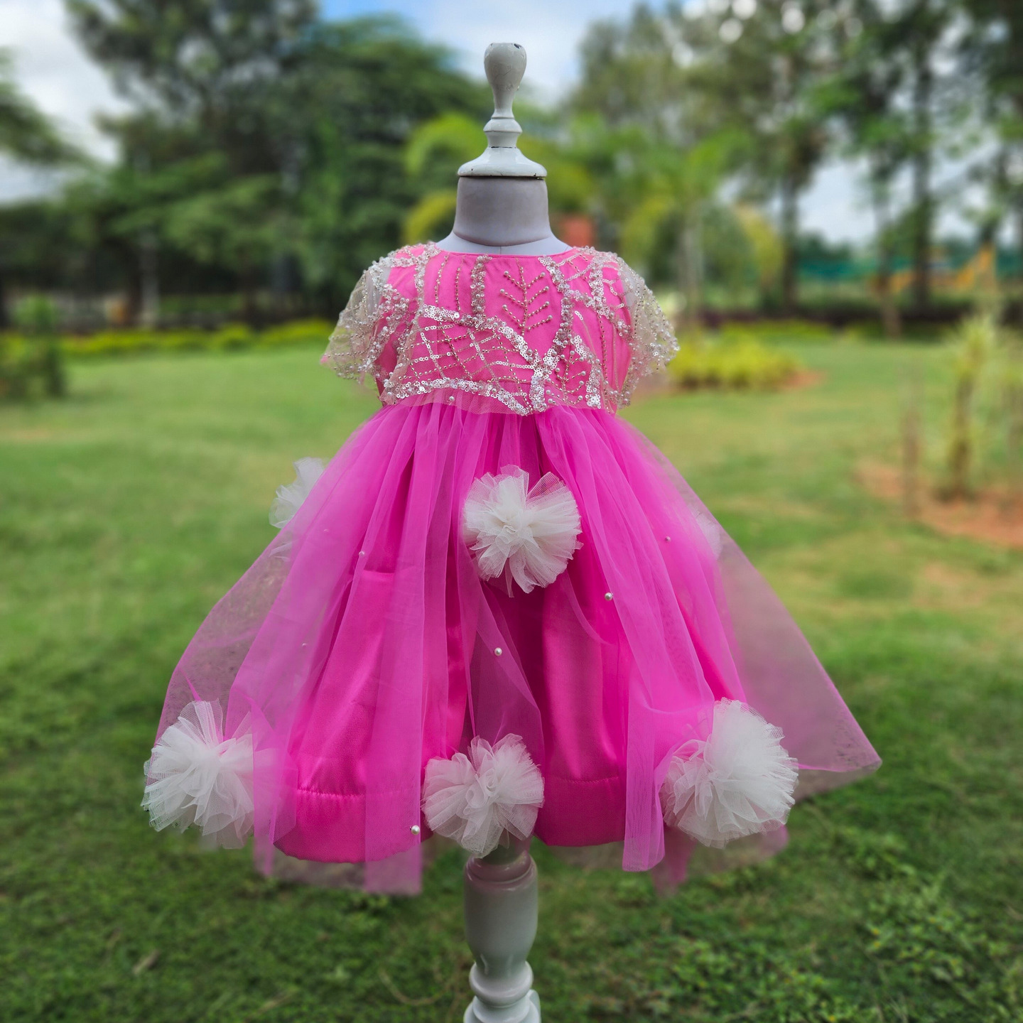 LS-0144 - Pink Embroidered Cape Neck Frock