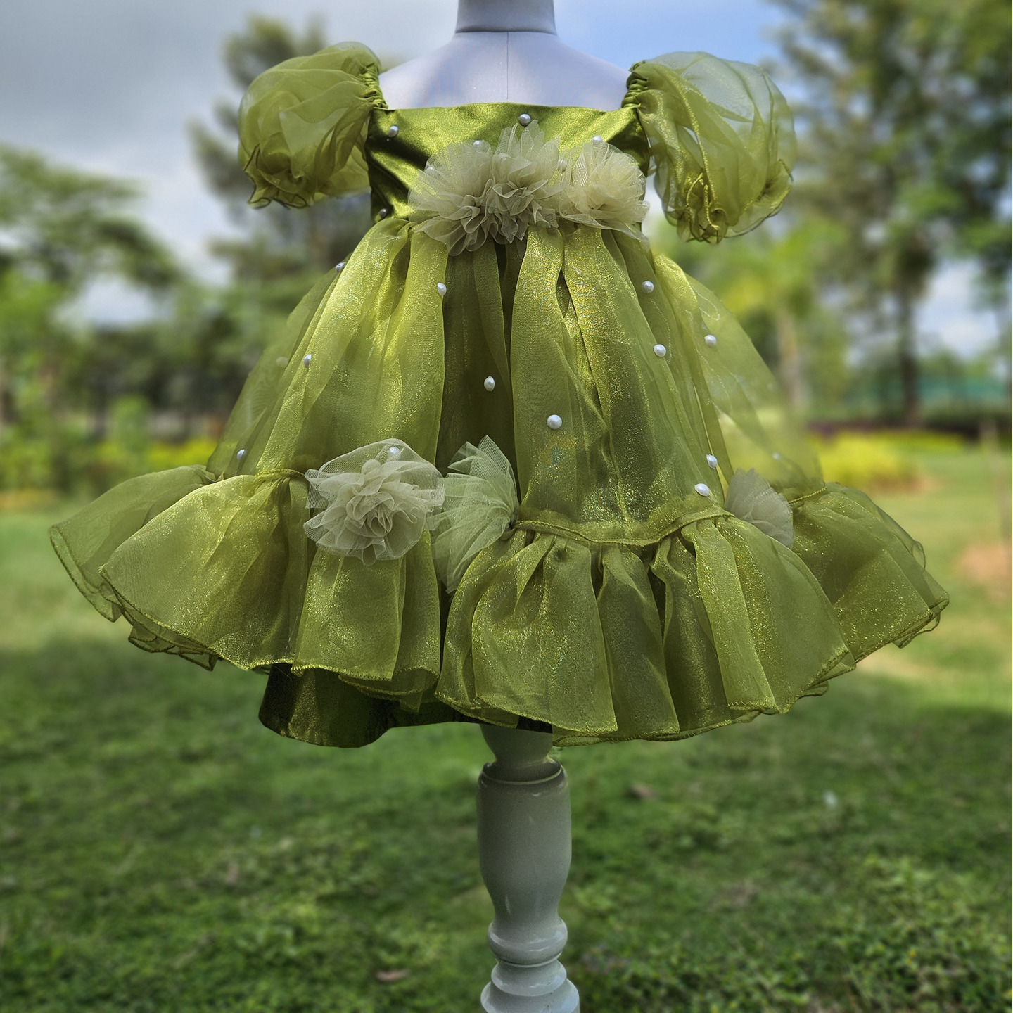 LS-0168 - Olive Green Puffy Pearl Frock