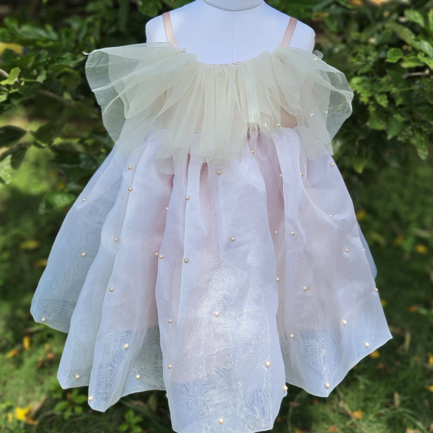 LS-0170 - White Pearl Organza Frock
